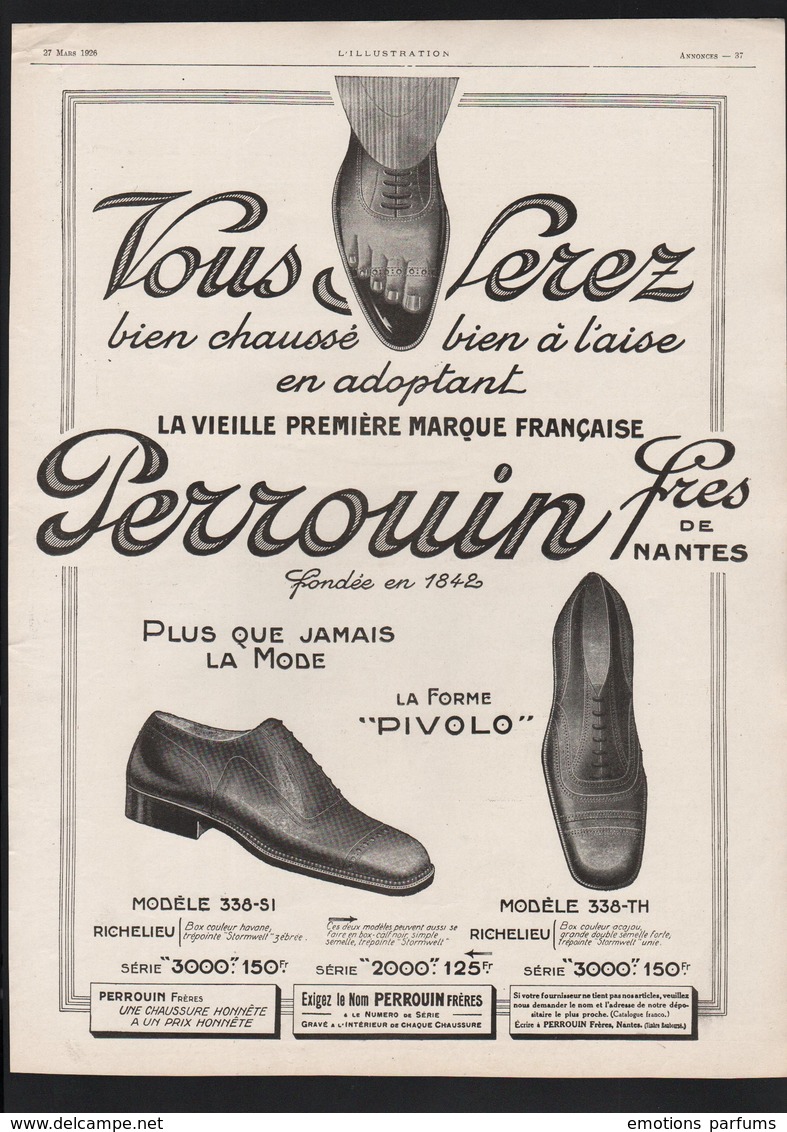 Pub Papier 1926  Chaussures PERROUIN Freres De Nantes Pied Chaussure Pivolo - Advertising