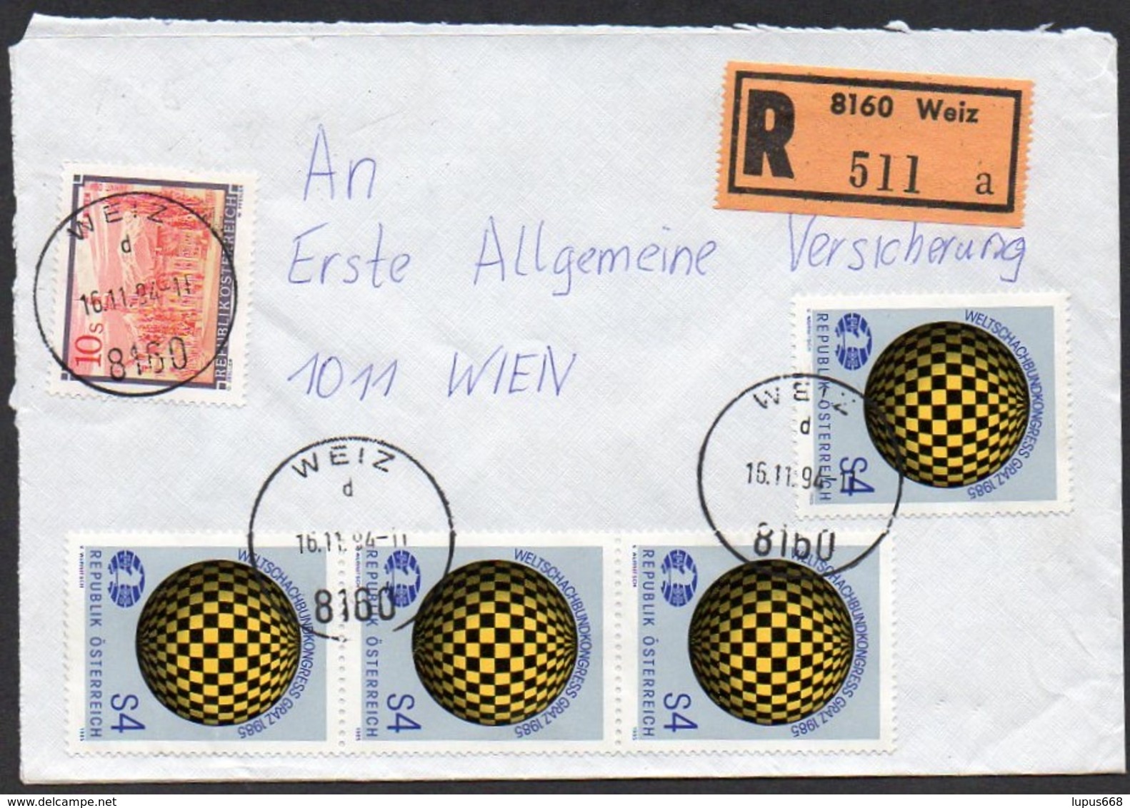 Österreich 1985  MiNr. 1823  (4x)  Weltschachbund  Auf R- Brief/letter - Briefe U. Dokumente