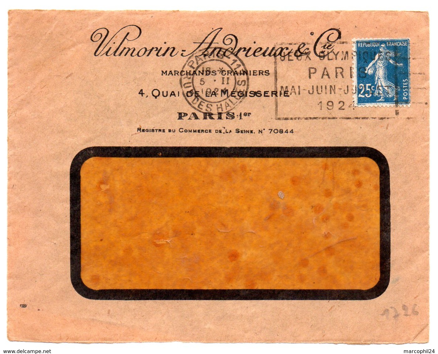 PARIS 117 RUE DES HALLES 1924 =  FLAMME FLIER = JEUX OLYMPIQUES 1924 + VILMORIN ANDRIEUX - Mechanical Postmarks (Advertisement)