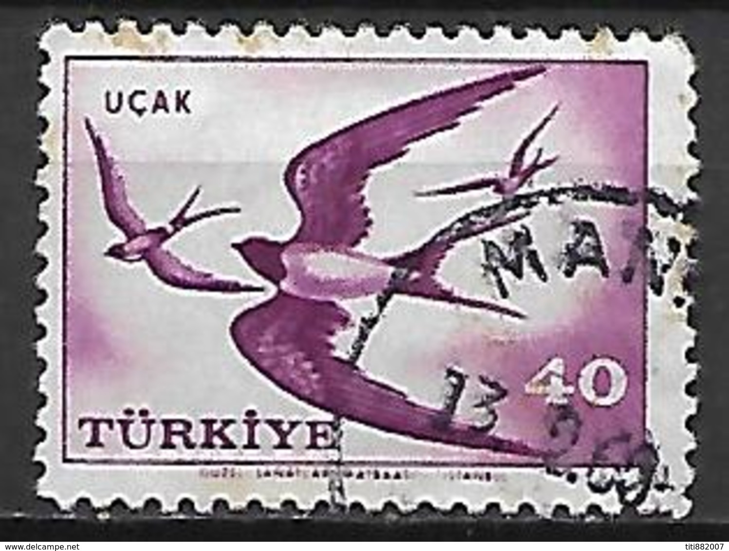 TURQUIE     -    Poste Aérienne   -   1959 .   Y&T N° 39 Oblitéré .    Oiseau  /  Hirondelle - Posta Aerea