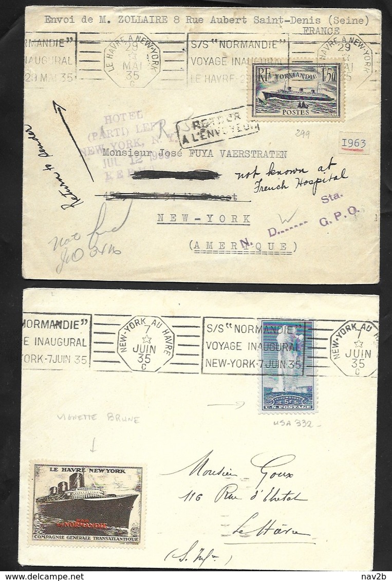 2 Enveloppes Voyage Inaugural  NORMANDIE . Le Havre New York 29/5/35 Et New York Le Havre 7/6/35 - Autres & Non Classés