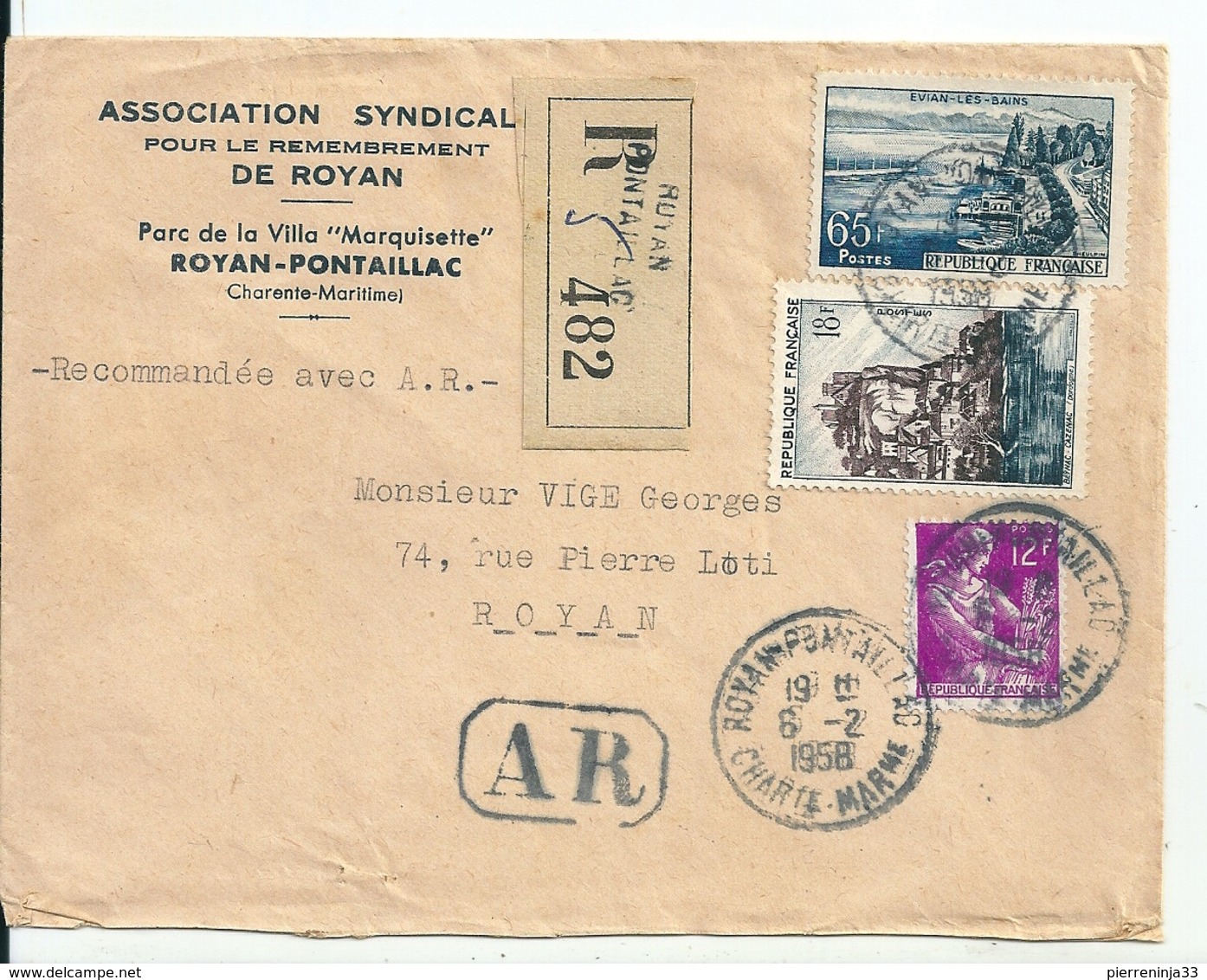 Lettre Recommandée Royan Avec Cachet AR , 1958 - Lettres & Documents