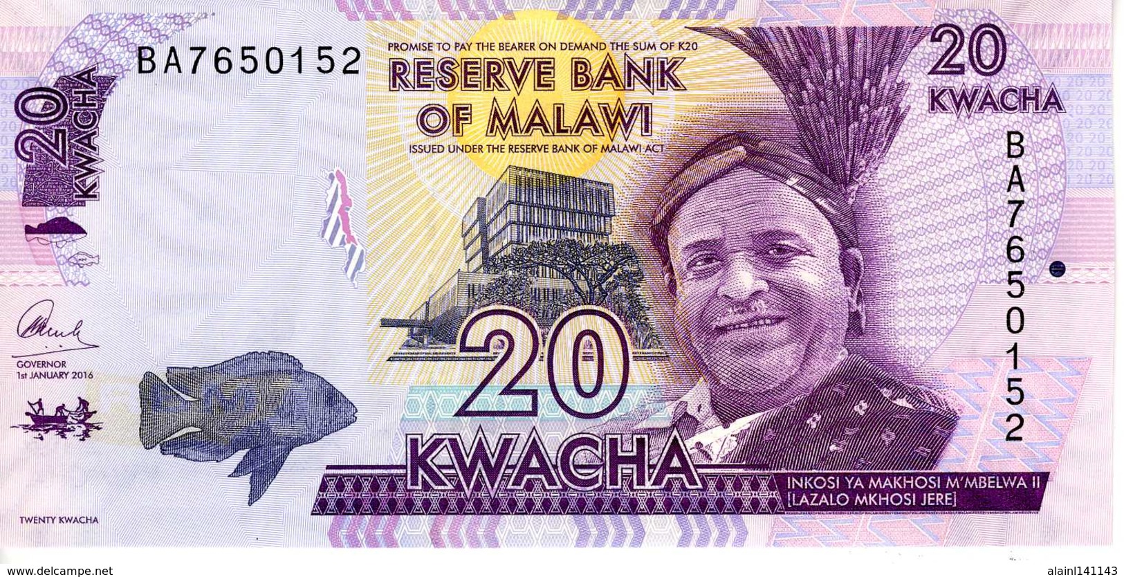 MALAWI - Reserve Bank Of Malawi -20 Kwacha 01-01-2016 - Série BA 7650152 - P-63[c] - UNC - Malawi