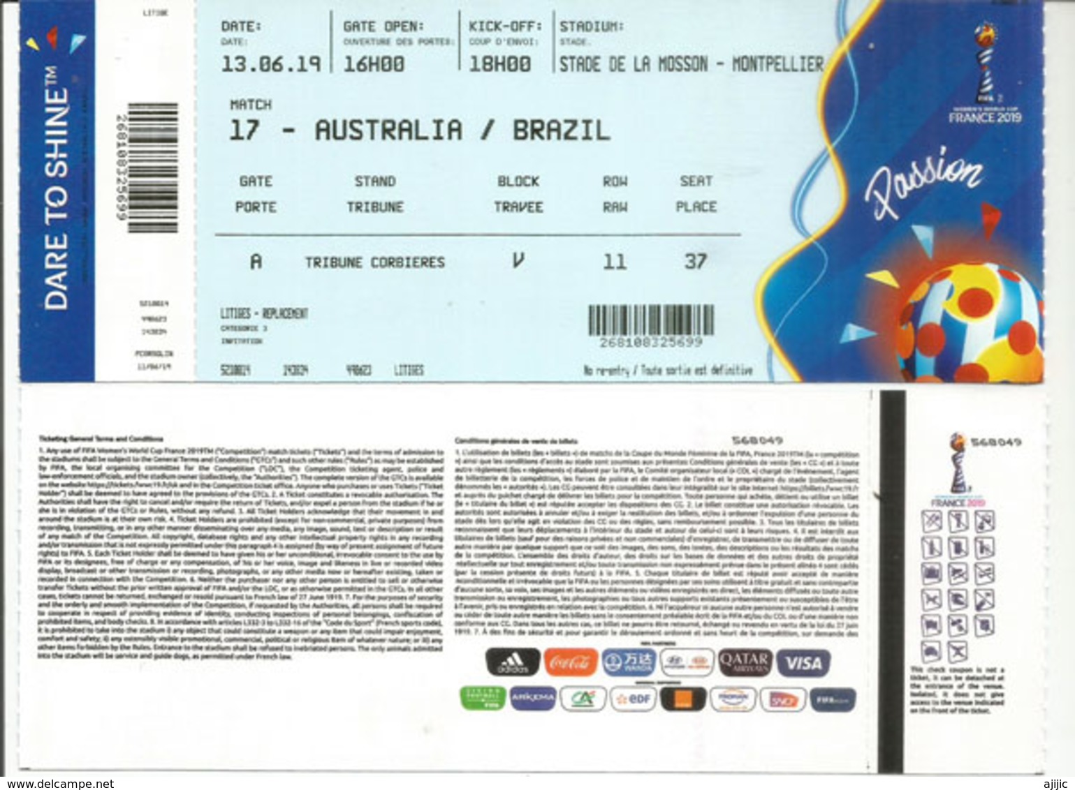 WOMENS WORLD CUP FOOTBALL.2019. AUSTRALIA-BRAZIL. Stade De La Mosson.Montpellier 13 June 2019. Ticket In New Condition - 1950-Now