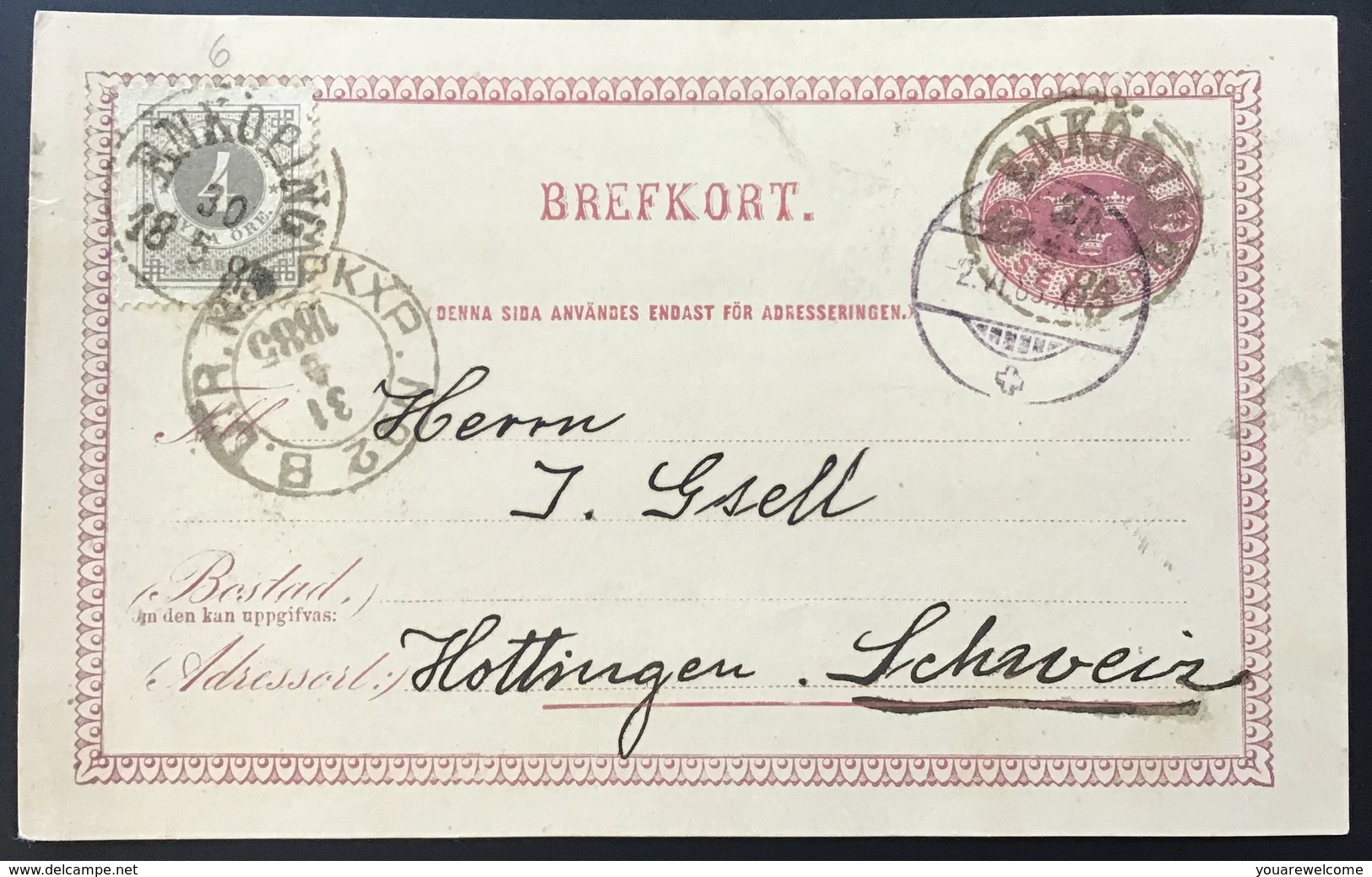 Sweden „ENKÖPING 1885“ > Hottingen, SCHWEIZ,  6 øre Postal Stationery Card +F29 (cover Brief UPU Schweden TPO Railroad - Briefe U. Dokumente