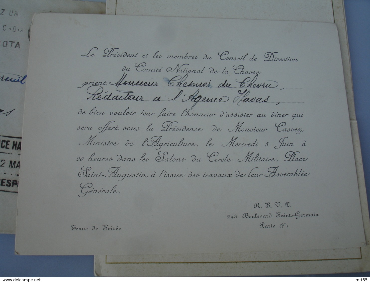 1935 Menu Comite National Chasse Avec Invitation - Menu