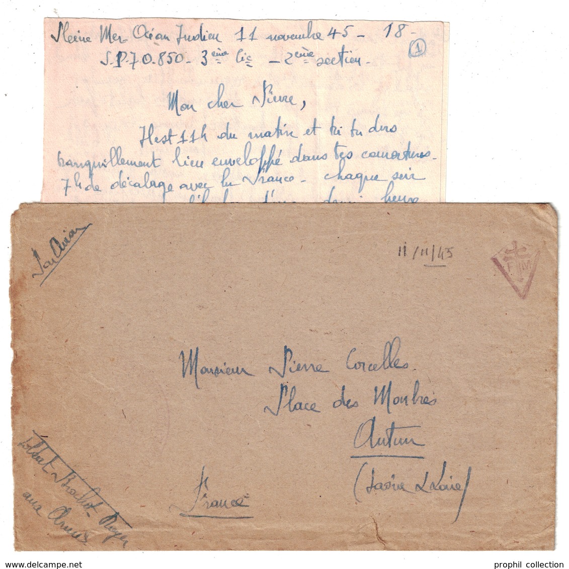 1945 - LETTRE En FM Avec CROIX DE LORRAINE FRANCHISE MILITAIRE POSTÉE " EN PLEINE MER OCÉAN INDIEN " SP 70850 WW2 - WW II