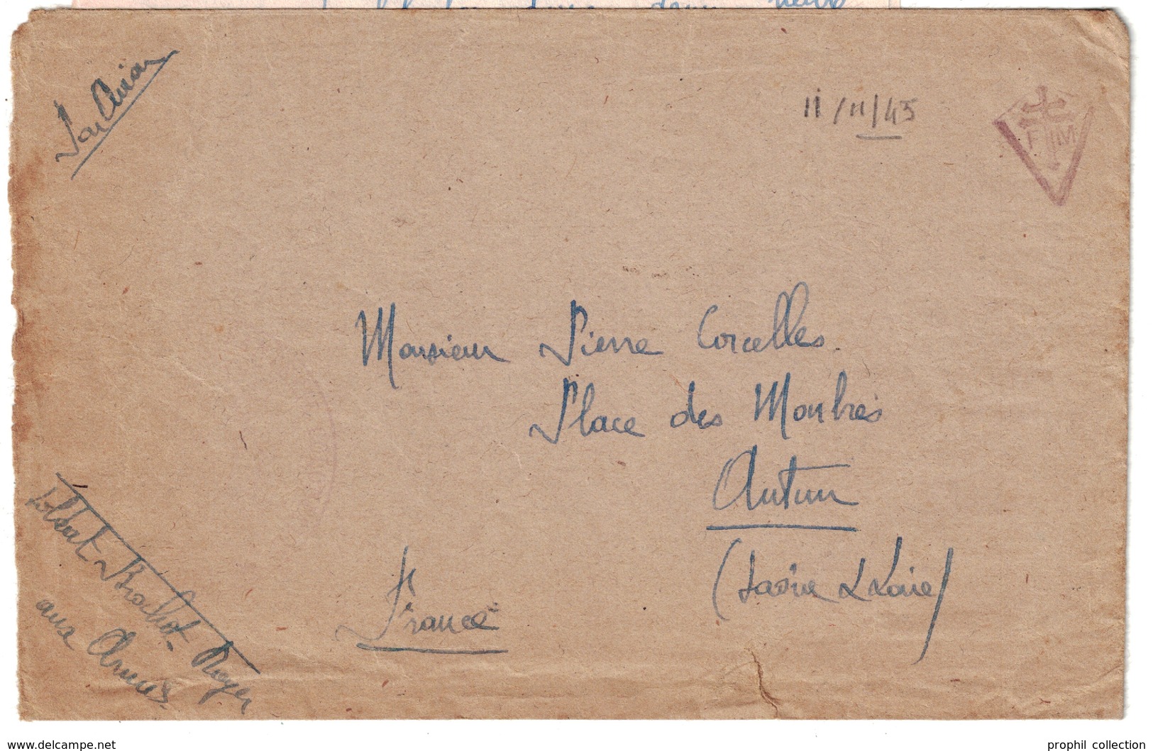 1945 - LETTRE En FM Avec CROIX DE LORRAINE FRANCHISE MILITAIRE POSTÉE " EN PLEINE MER OCÉAN INDIEN " SP 70850 WW2 - Guerra Del 1939-45