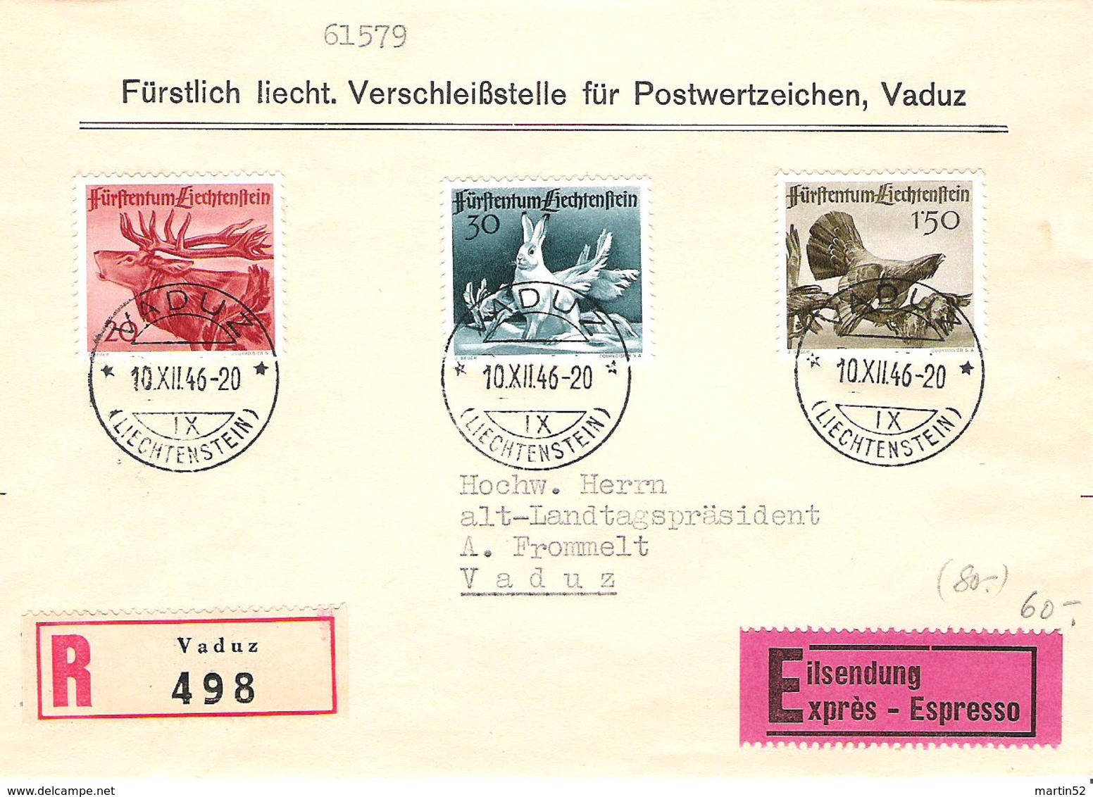 Liechtenstein 1946: Jagdserie I Zu 210-212 Mi 249-251 Yv 224-226 Auf R-FDC Mit ET-o VADUZ 10.XII.46 (Zumstein CHF 65.00) - FDC