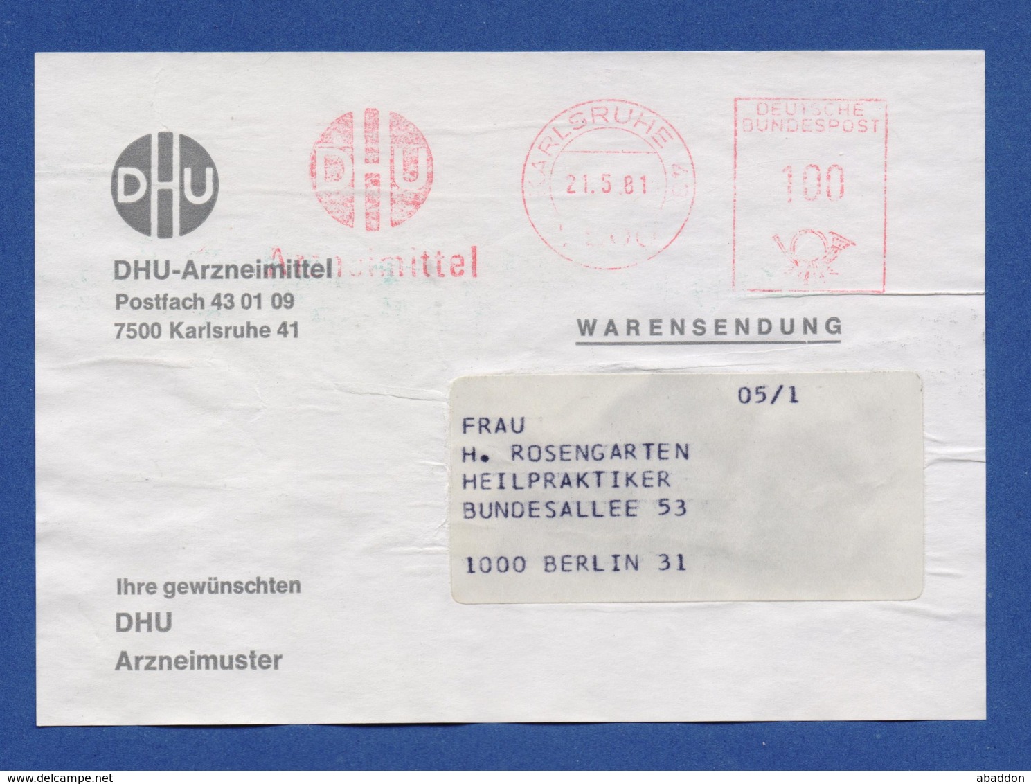 BRD AFS - KARLSRUHE, DHU Arzneimittel 21.5.81 Auf Warensendung Beleg - Medicina