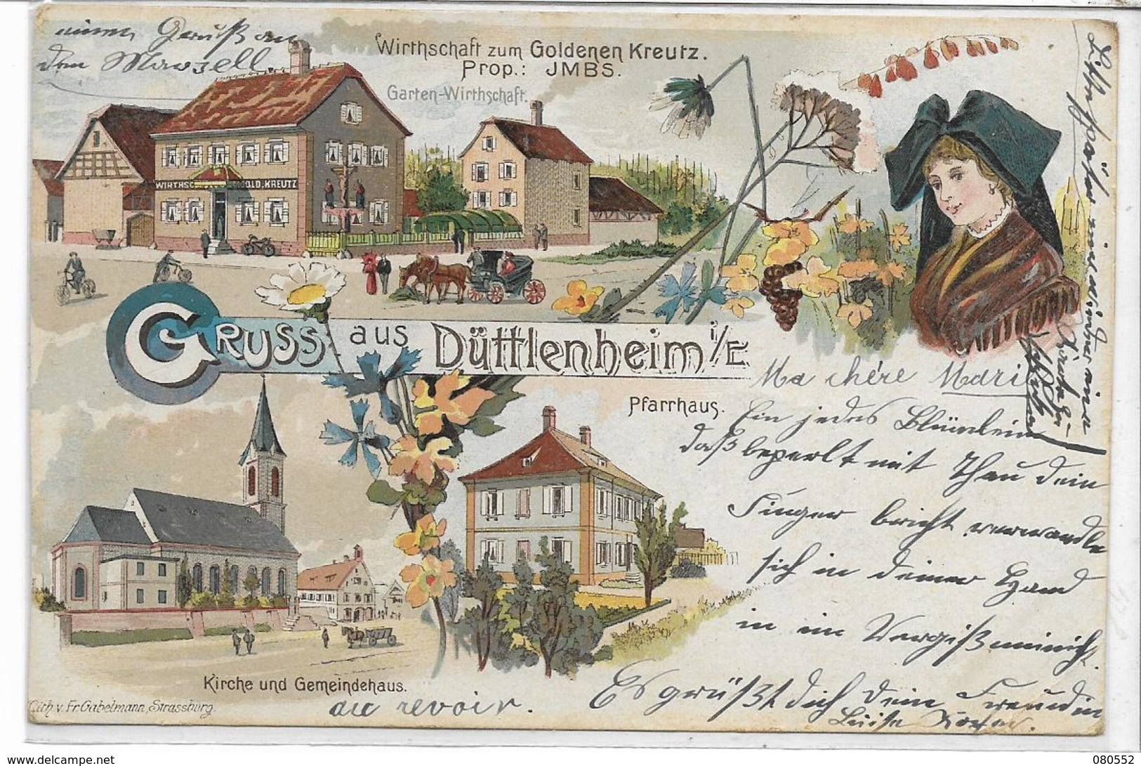 67 DÜTTLENHEIM . Bonjour En 5 Clichés Couleur , Auberge JMBS , Eglise Et Maison Commune  , état Léger Pli Consolidé - Autres & Non Classés