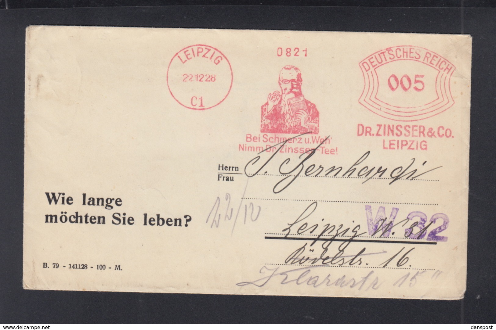 Dt. Reich Brief 1928 Freistempel Leipzig Dr. Zinsser & Co - Macchine Per Obliterare (EMA)