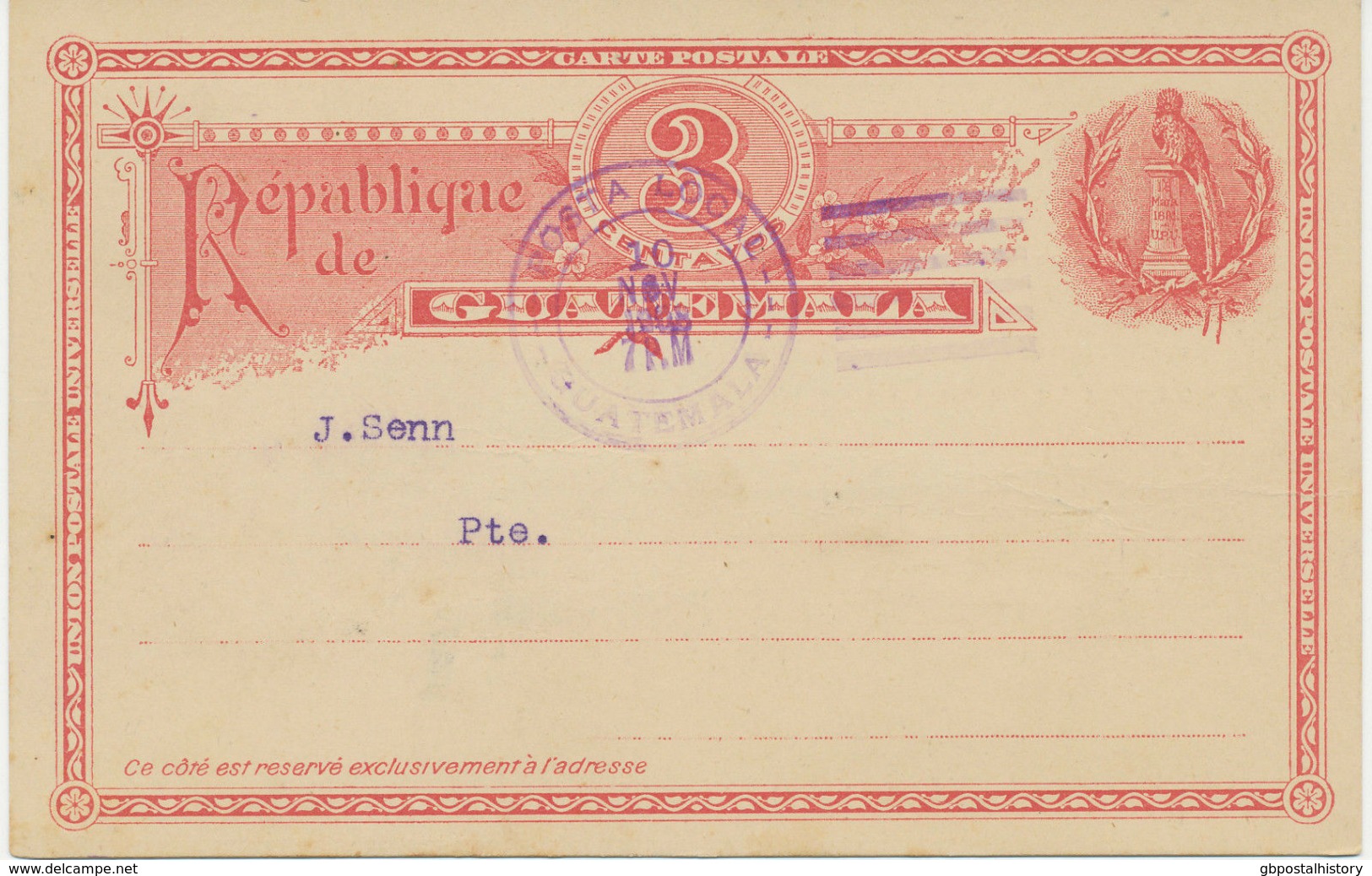 GUATEMALA 1908 3 C Quetzal (Vogel) Kab.-Privat-GA-Postkarte (AGENCIA MARITIMA) - Guatemala