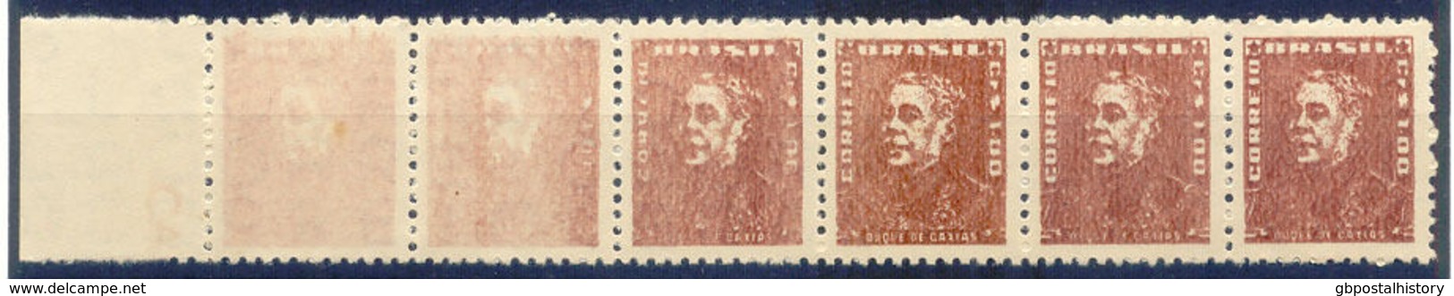 BRAZIL 1954 Duke Of Caxias 1 Cr. U/M Strip Of 6 MAJOR VARIETY MISSING BROWN COLOR - Unused Stamps