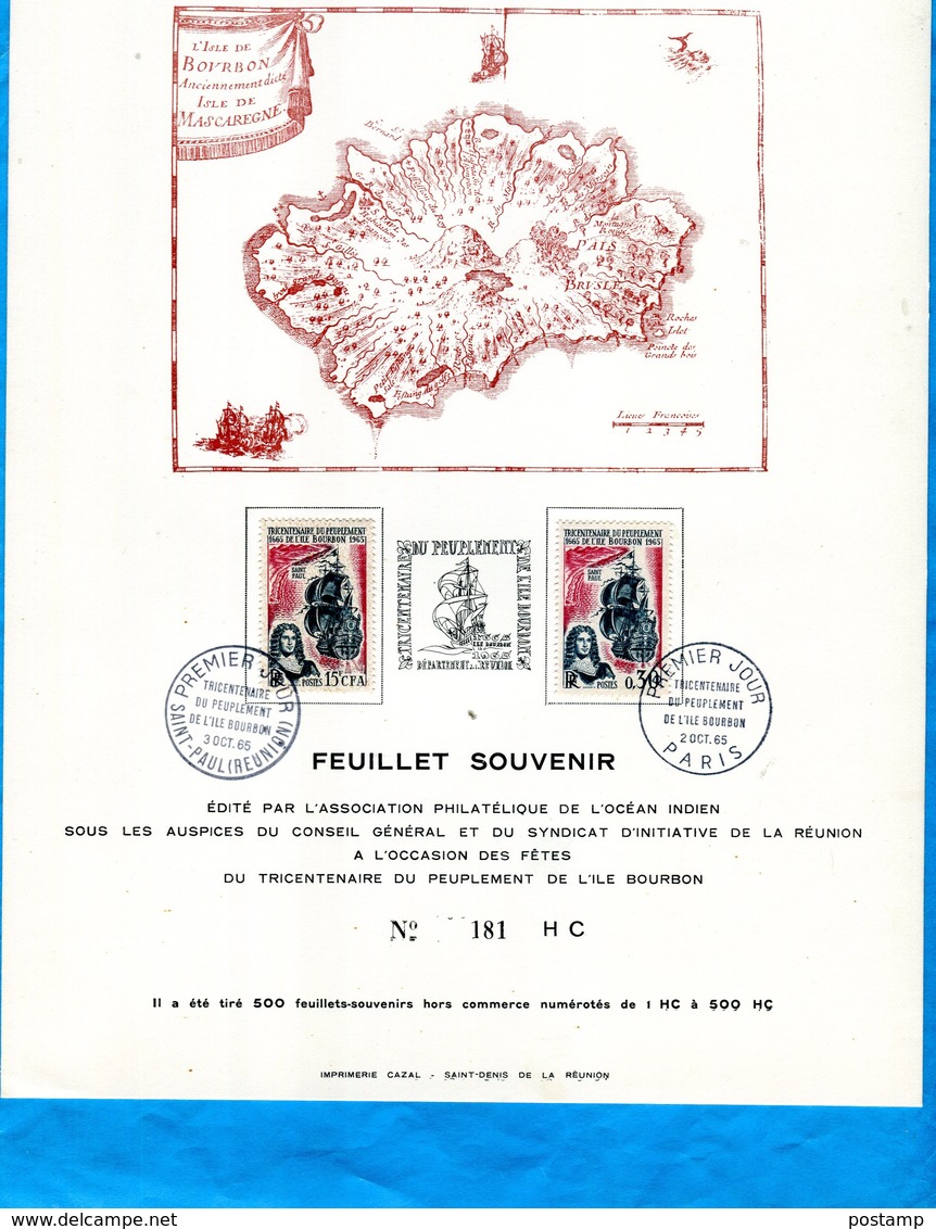 REUNION-feuillet Souvenir -tirage 500 Ex  N°181-1967 Peuplement Ile Bourbon -2 Stamps - Timbres-taxe