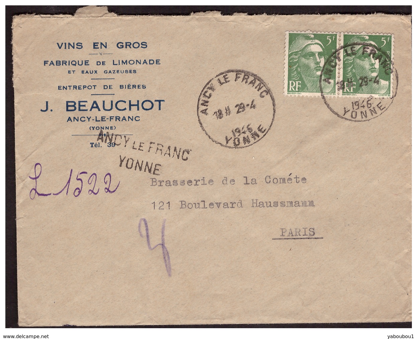 Gandon N° 719 En Paire Sur Lettre Rec. Provisoire De ANCY LE FRANC Pour PARIS Du 29.4.46. - Covers & Documents