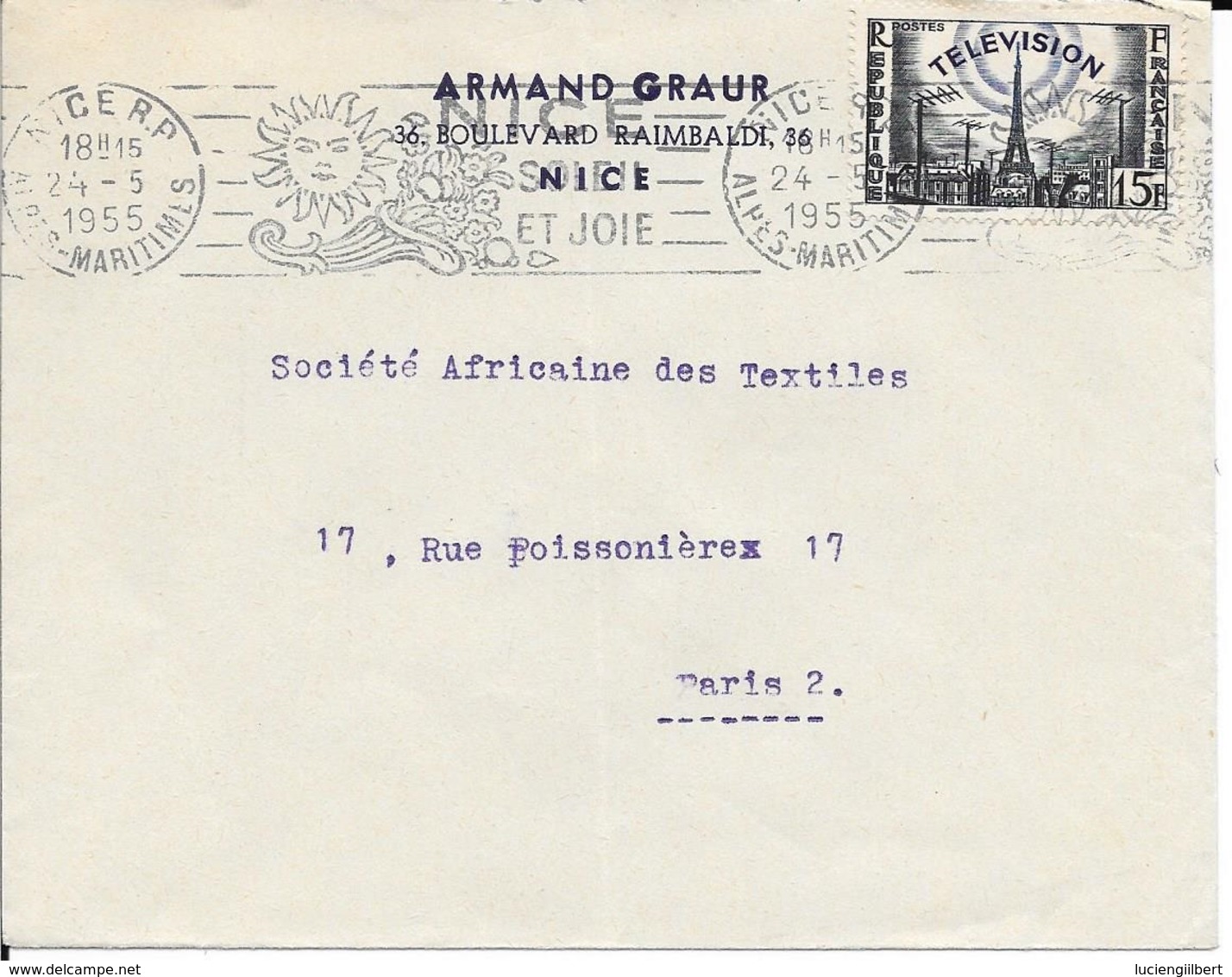 TIBRE  N° 1022 -   AU  TARIF 6 1 49 -  FLAMME NICE RP N° 168 R - NICE SOLEIL ET JOIE  -  1955 - SEUL SUR LETTRE - Tarifs Postaux