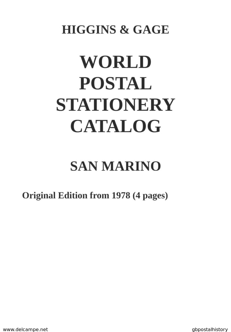 Higgins & Gage WORLD POSTAL STATIONERY CATALOG SAN MARINO - Postal Stationery