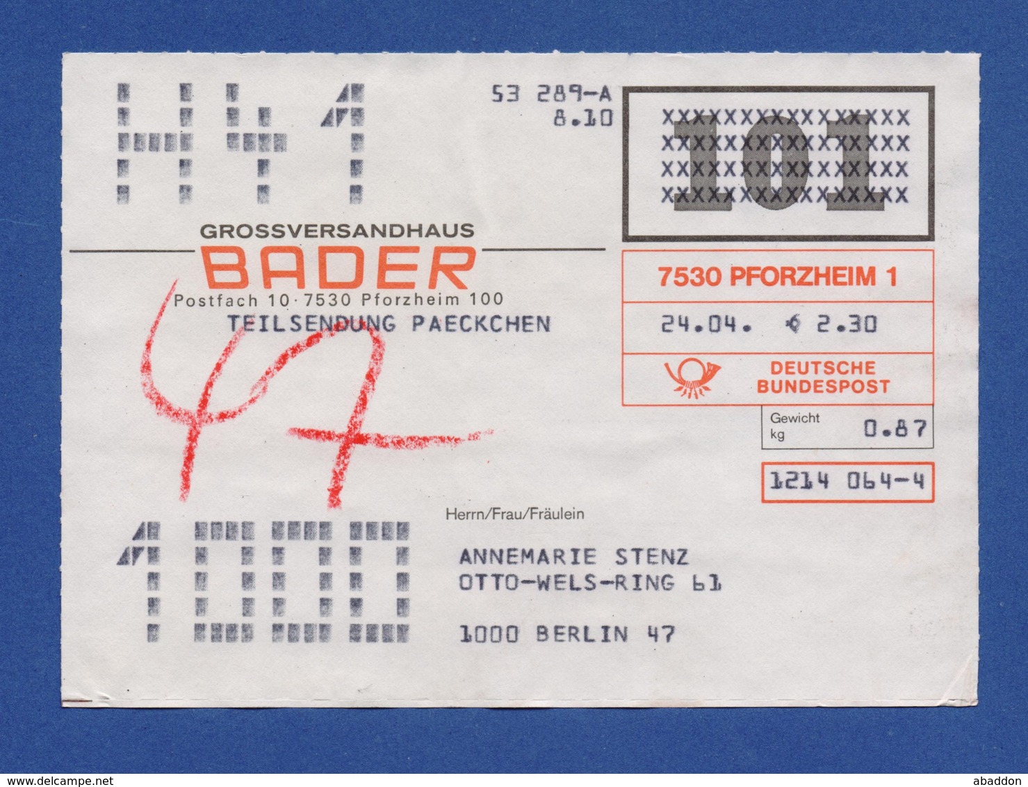 BRD Beleg Teilsendung Paeckchen - Großversandhaus BADER, PFORZHEIM - Sonstige & Ohne Zuordnung