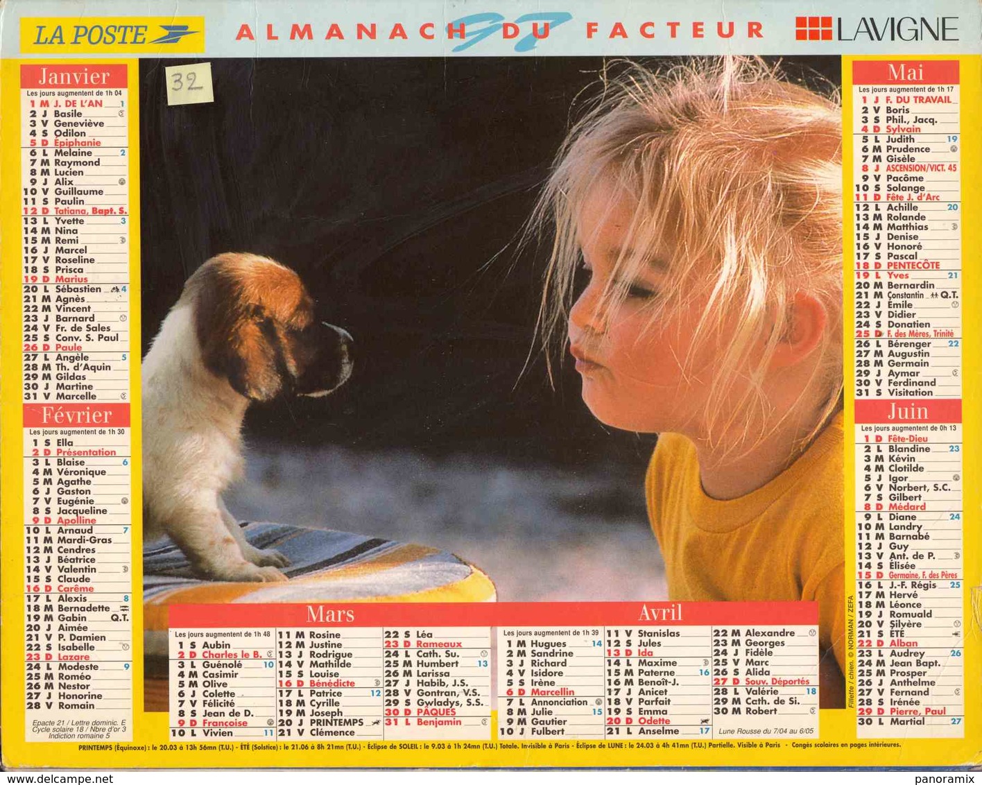 °° Calendrier Almanach La Poste 1997 Lavigne - Dépt 32 - Fillettes Avec Chien Et Chat - Tamaño Grande : 1991-00