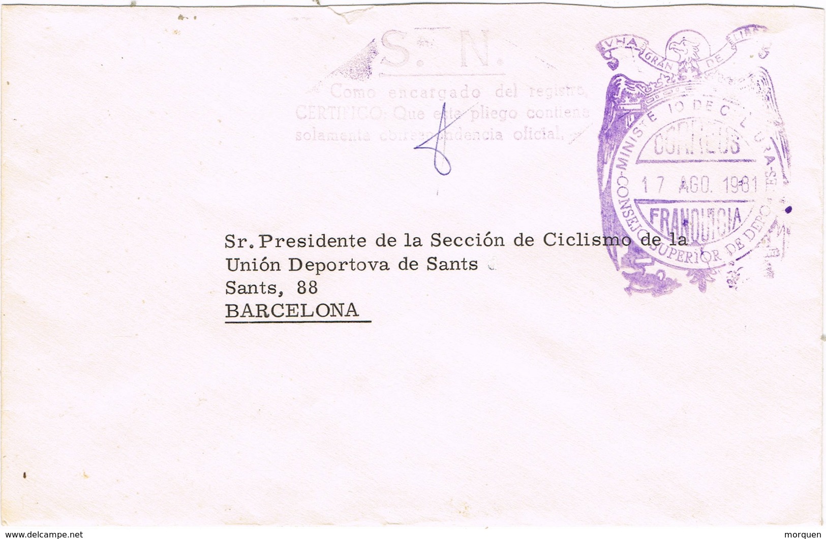 33270. Carta MADRID 1981. Franquicia Ministerio Cultura. Consejo De Deportes - Cartas & Documentos