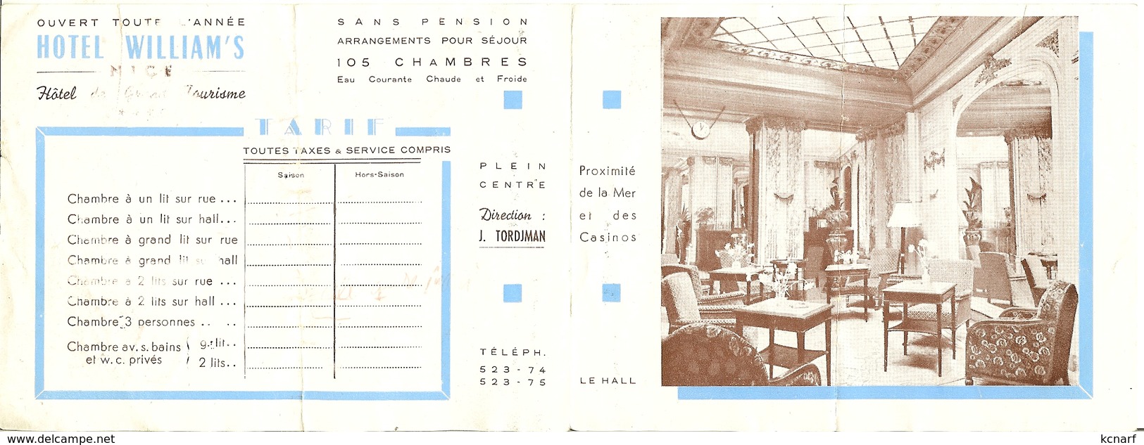 Carte TARIF De L'Hotel WILLIAM'S à NICE  . - Historical Documents