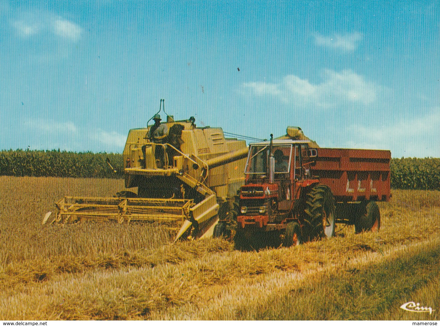 MOISSONNEUSE-BATTEUSE Jaune,  TRACTEUR Rouge Et Remorque. "Douce France" - Tracteurs