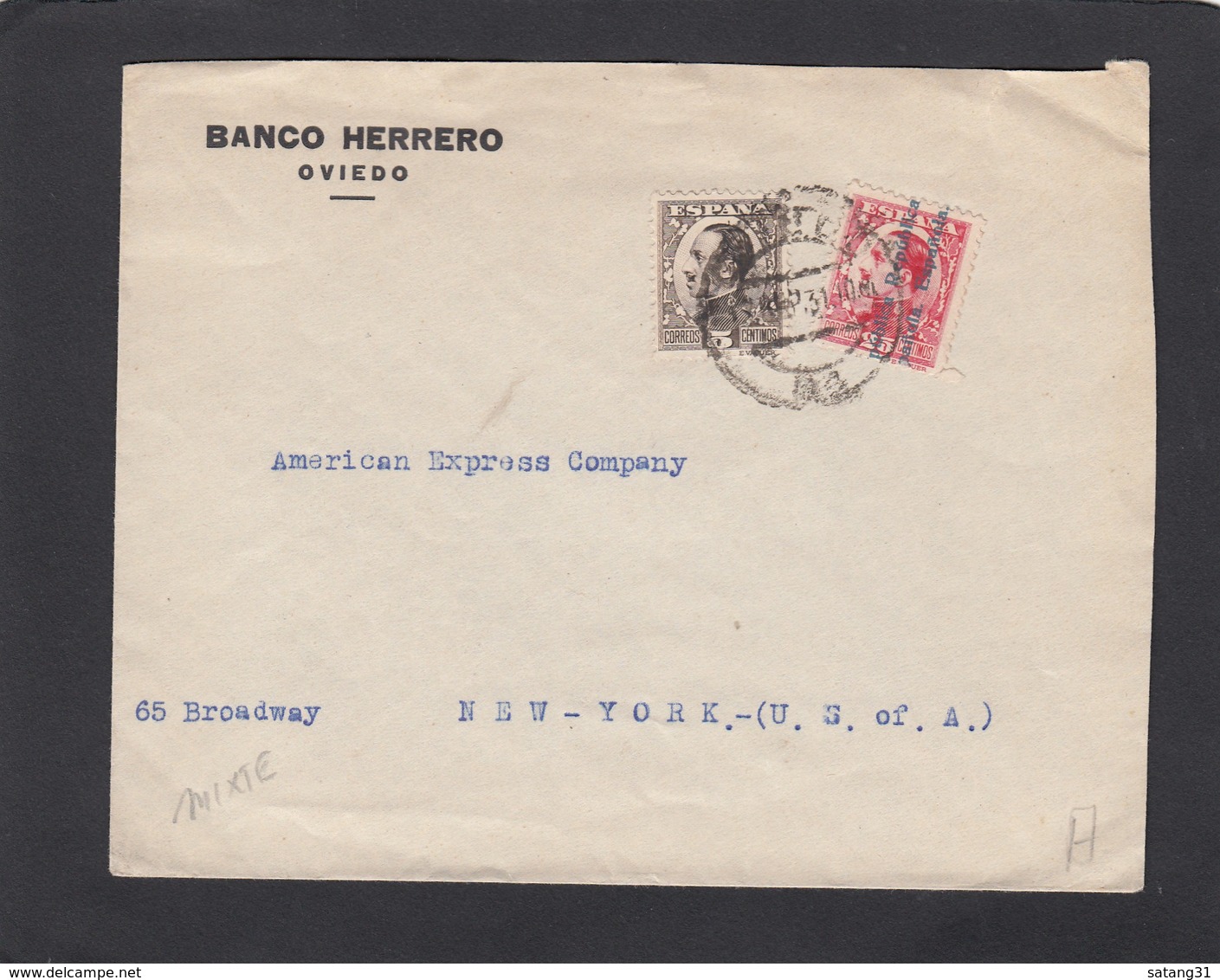 LETTRE DE LA BANQUE HERRERO A OVIEDO AVEC AFFRANCHISSEMENT MIXTE(ROYAUME/REPUBLIQUE)POUR AMERICAN EXPRESS A NEW YORK. - Lettres & Documents