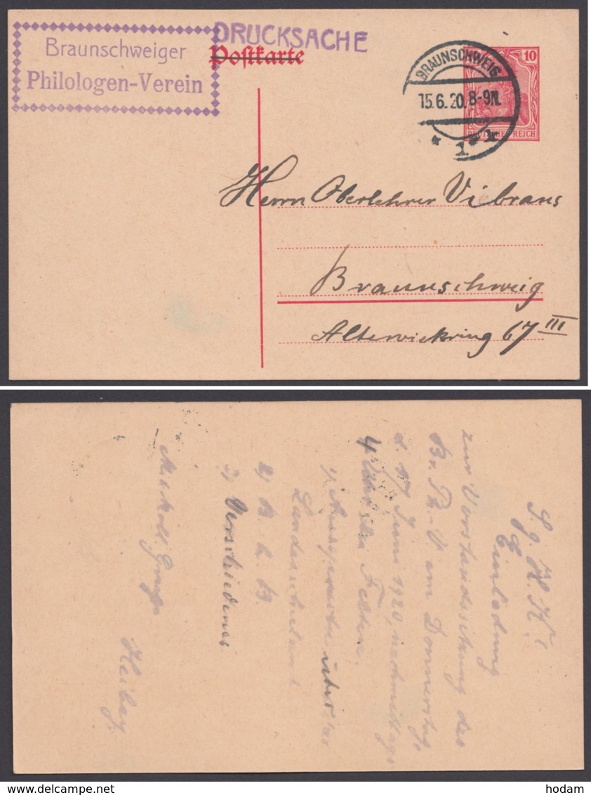 P 107, Orts-Drucksache, 15.6.20, "Braunschweiger Philologen-Verein" - Cartes Postales