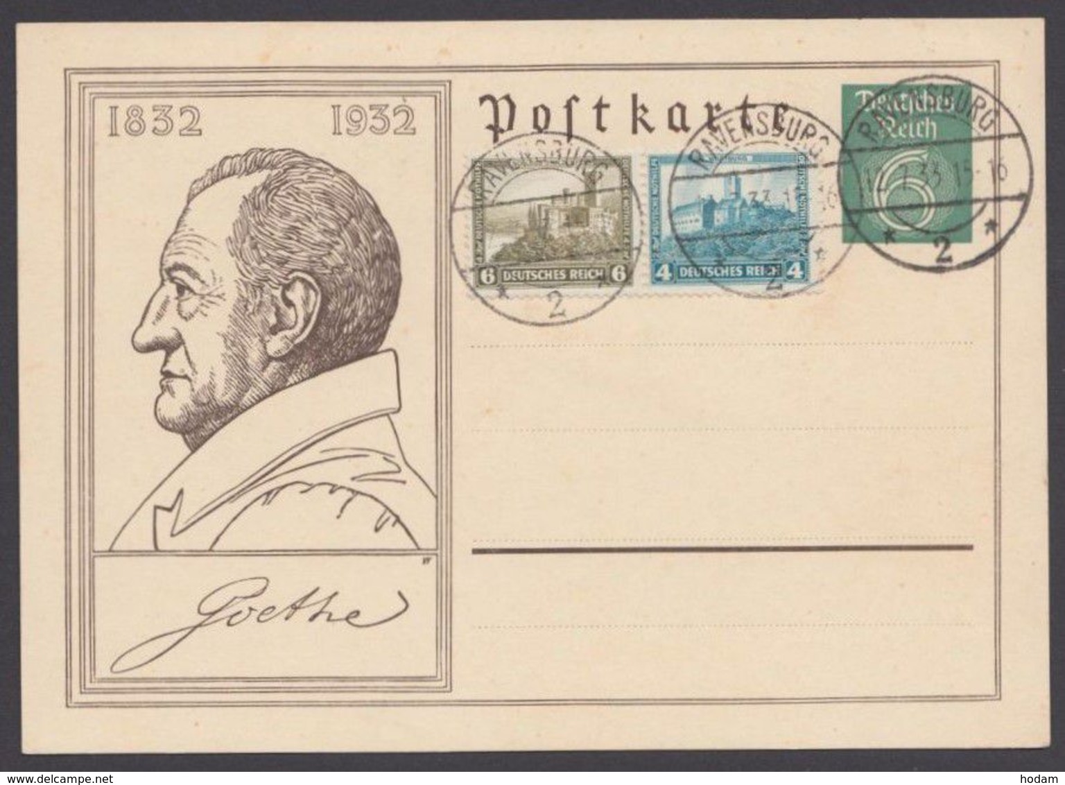P 213, Mit Zusatzfrankatur W41, Blanko "Ravensburg", 12.7.33 - Postkarten