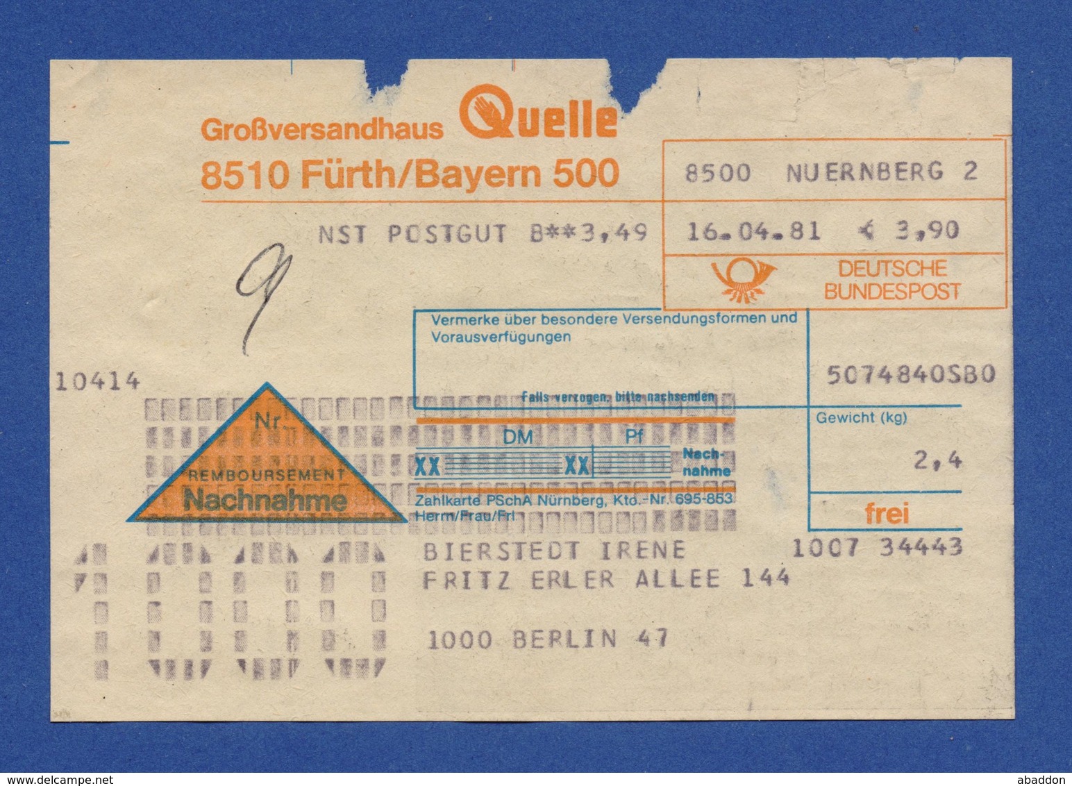 Beleg Nachnahme Großversandhaus QUELLE FÜRTH NÜRNBERG > BERLIN 1981 - Sonstige & Ohne Zuordnung
