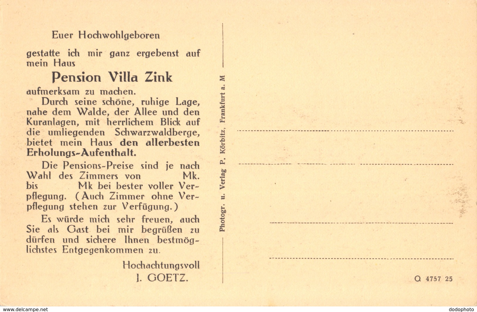 R193728 Pension Villa Zink. Besitzer J. Goetz Baden Baden. Fremersbergstr. 35 37. P. Korbitz - Welt