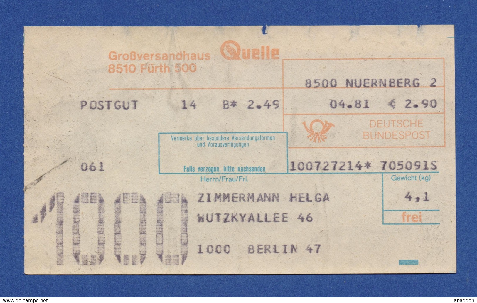 Beleg Postgut Großversandhaus QUELLE FÜRTH NÜRNBERG > BERLIN 1981 - Sonstige & Ohne Zuordnung