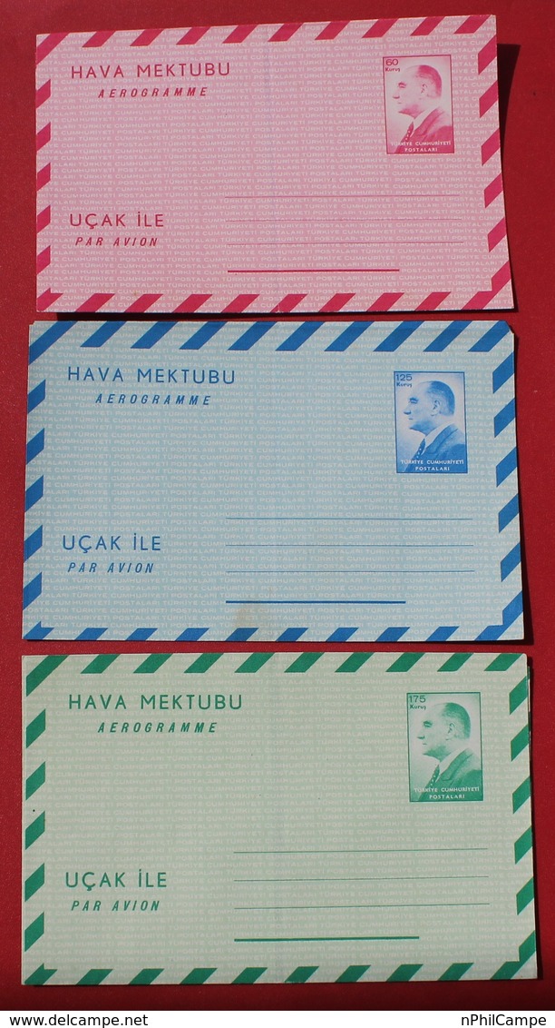 Turkey 1965 Aerogramme Stamped Stationary 60, 125 & 175 Kurus Unused Mint - Unused Stamps