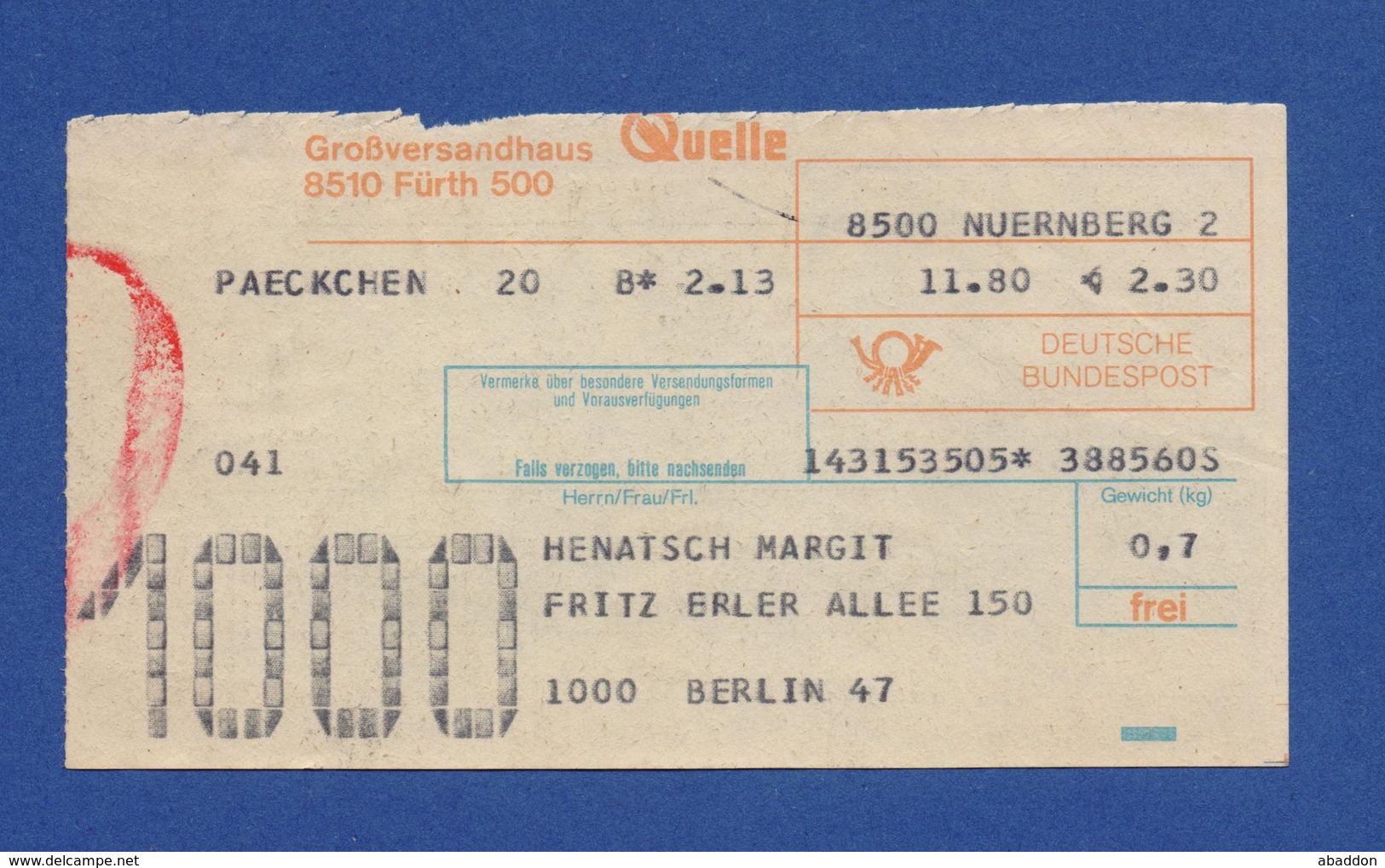 Beleg Päckchen Großversandhaus QUELLE FÜRTH NÜRNBERG > BERLIN 1980 - Sonstige & Ohne Zuordnung