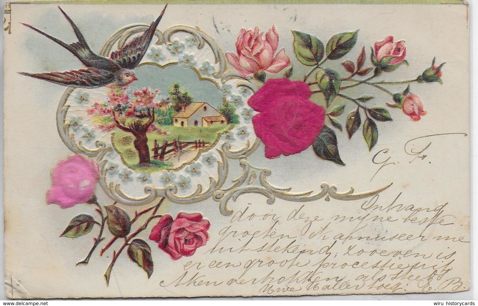 AK 0272  Gruss-Karte - Schwalbe , Landschaft , Blumen Aus Filz Ca. Um 1900 - Malerei & Gemälde