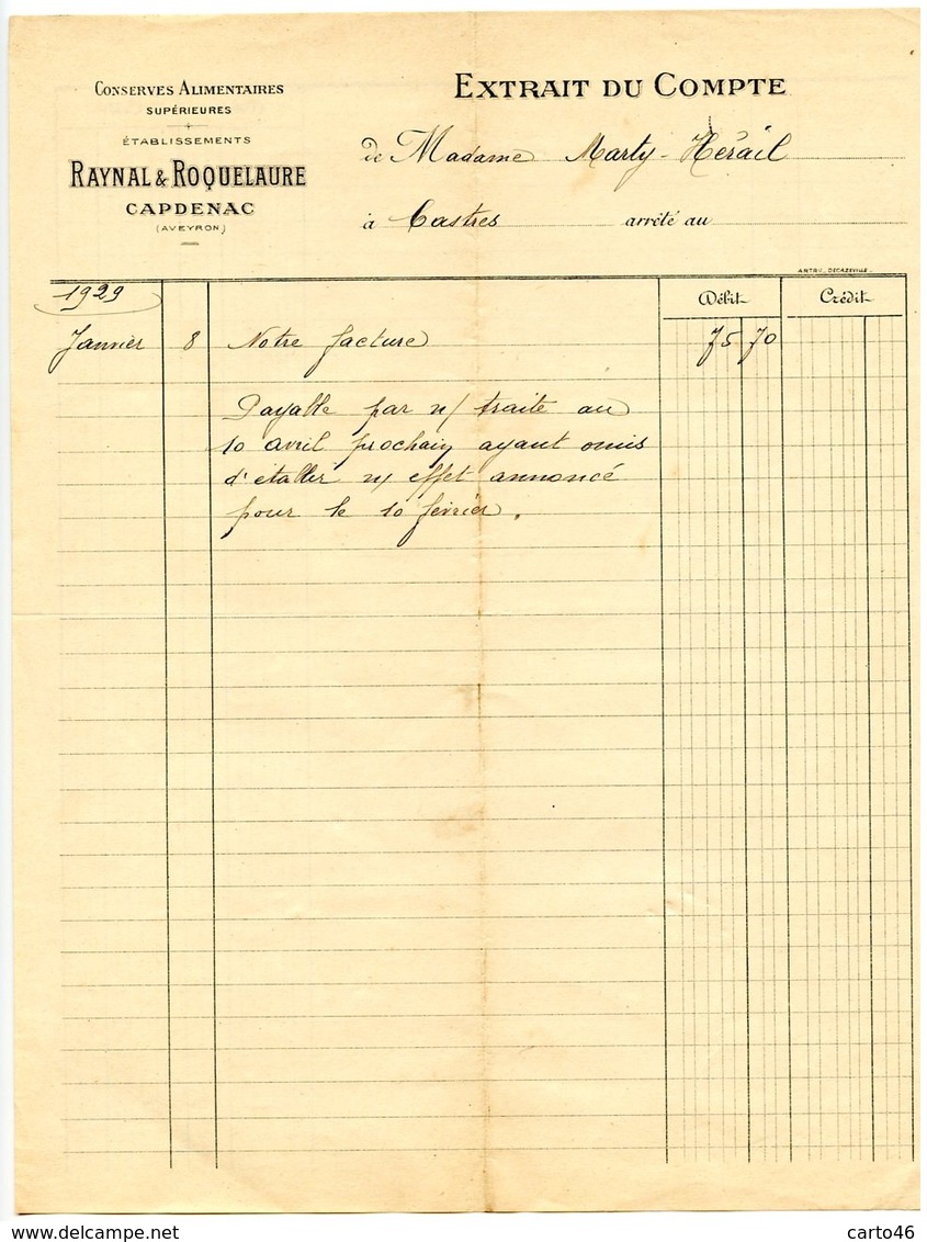 CAPDENAC - Aveyron  - 4 Factures Raynal Et Roquelaure  - Conserves Alimentaires - Voir Scans - 1900 – 1949