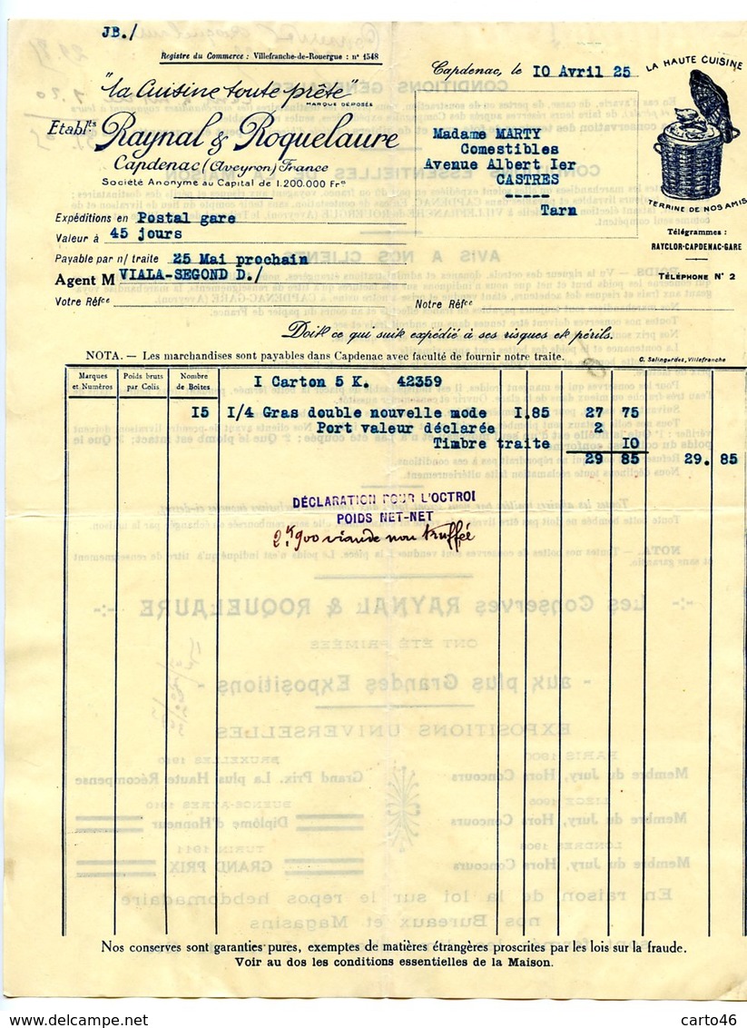 CAPDENAC - Aveyron  - 4 Factures Raynal Et Roquelaure  - Conserves Alimentaires - Voir Scans - 1900 – 1949