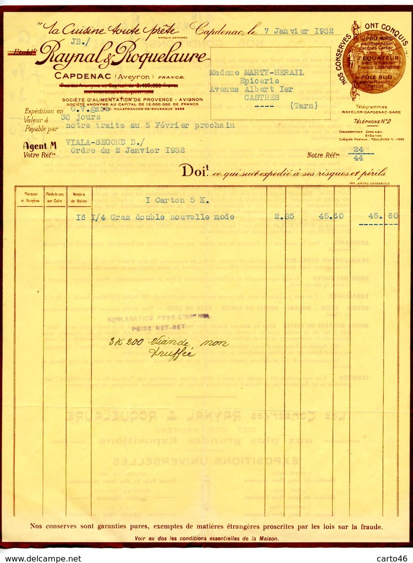 CAPDENAC - Aveyron  - 4 Factures Raynal Et Roquelaure  - Conserves Alimentaires - Voir Scans - 1900 – 1949
