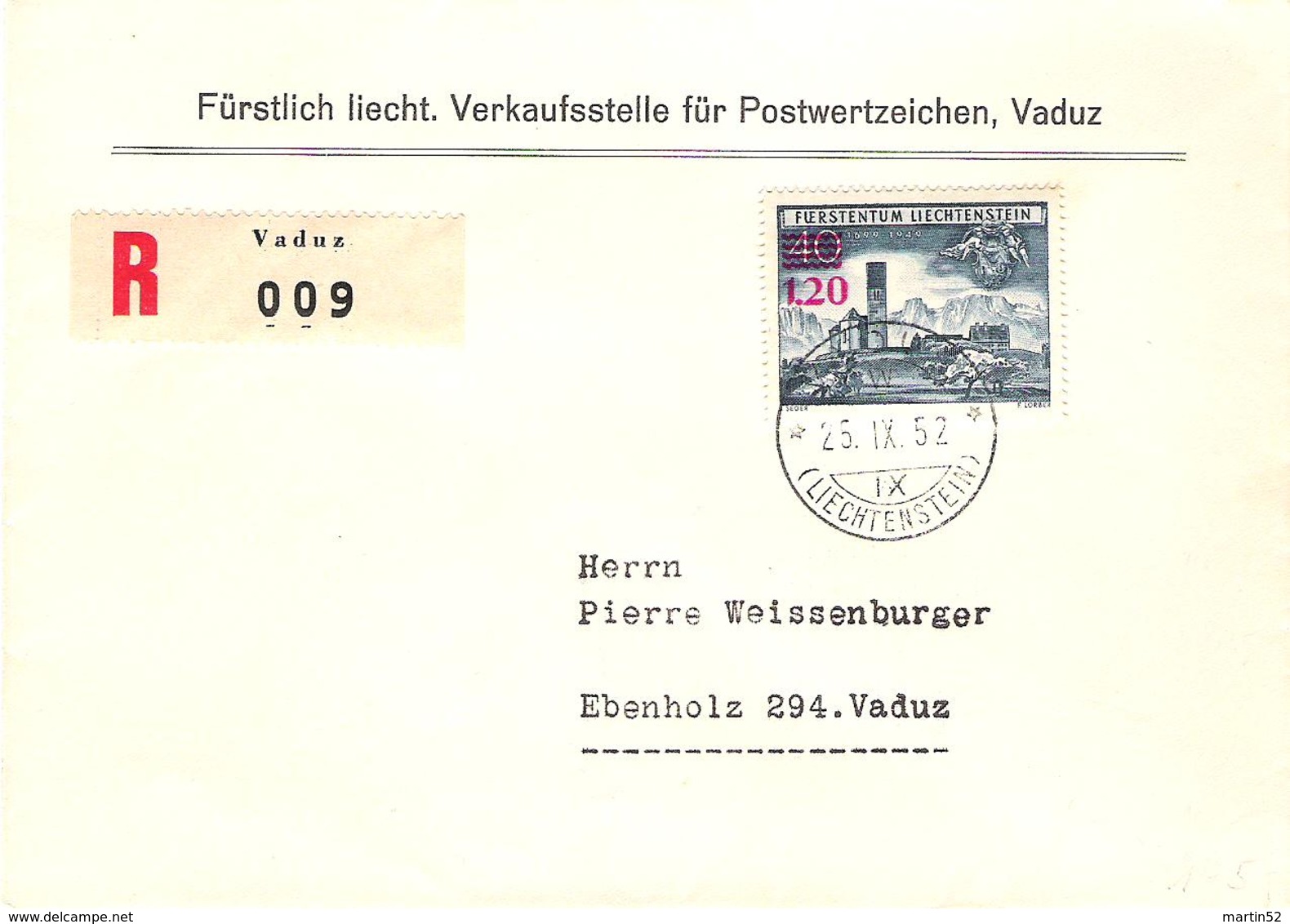 Liechtenstein 1953: Aufdruck "1.20" (rot) Zu 254 Mi 310 Yv 271 Auf R-FDC Mit O VADUZ 25.IX.52 (Zumstein CHF 225.00) - FDC