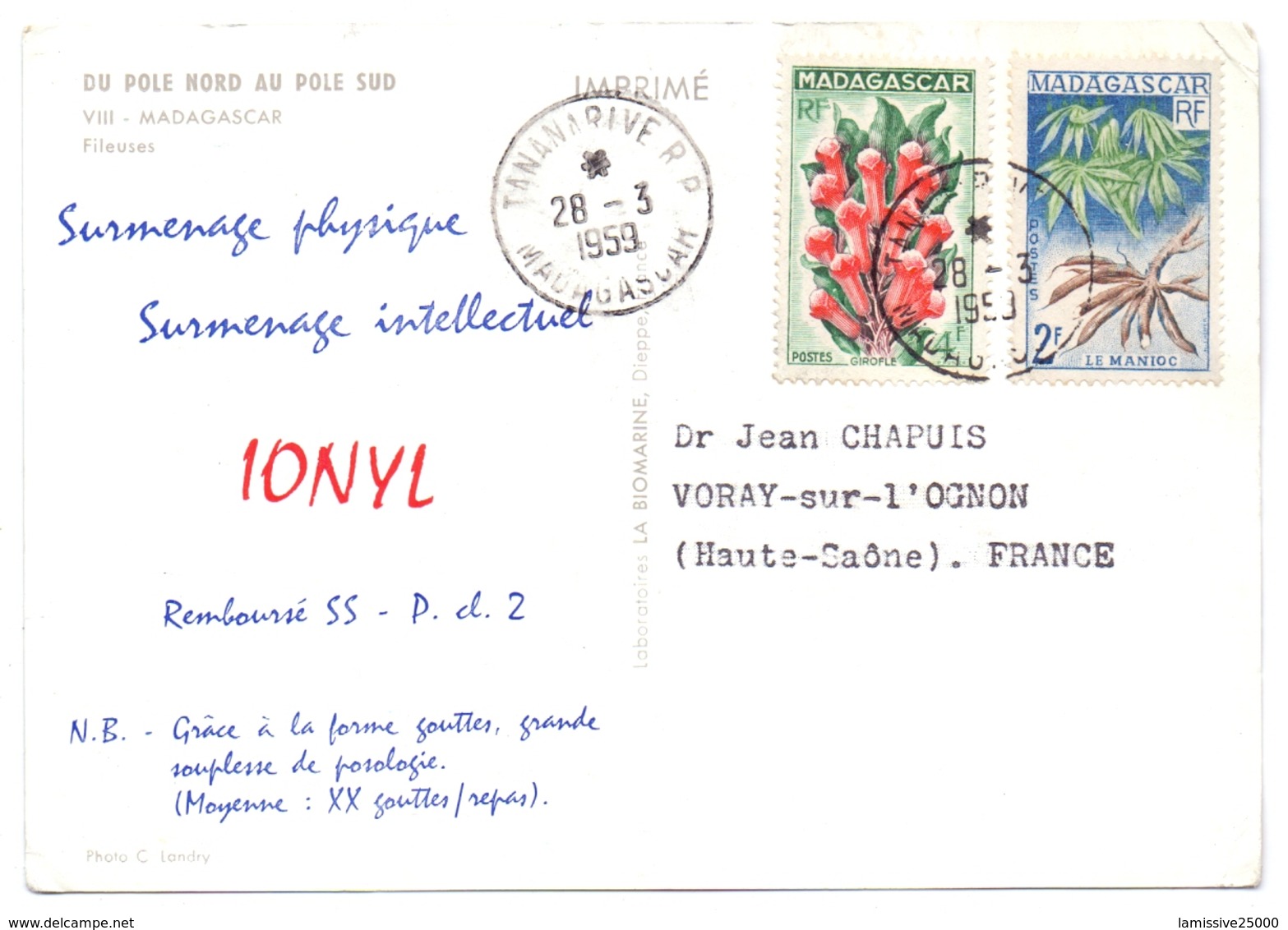 Carte Pub Ionyl Biomarine  Madagascar Tanarive Fileuses - Storia Postale