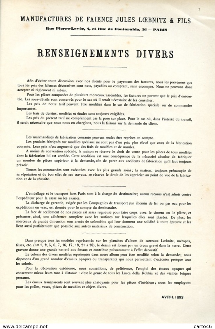 PARIS - Manufactures De Faïences Jules LOEBNITZ Et Fils - Rare Ouvrage De Présentation + Tarifs - 1893 -  Voir Scan - 1801-1900