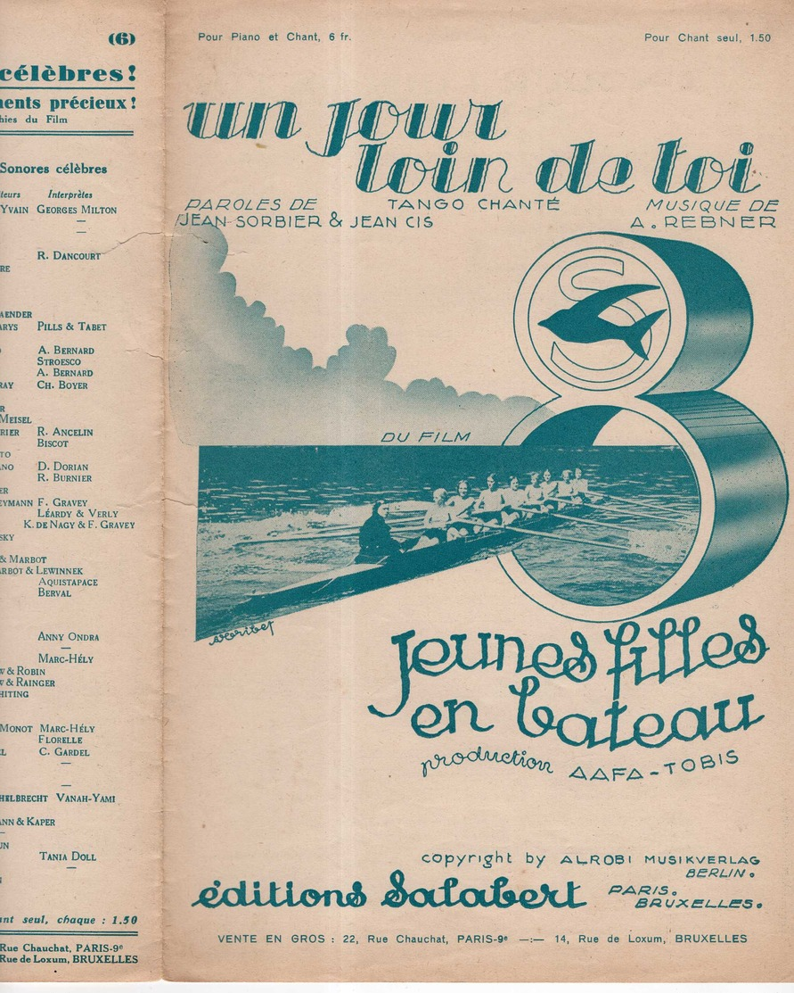 CAF CONC FILM JEUNES FILLES EN BATEAU PARTITION UN JOUR LOIN DE TOI REBNER SORBIER CIS 1933 ILL TRIBET AVIRON 8 BARRÉ - Autres & Non Classés