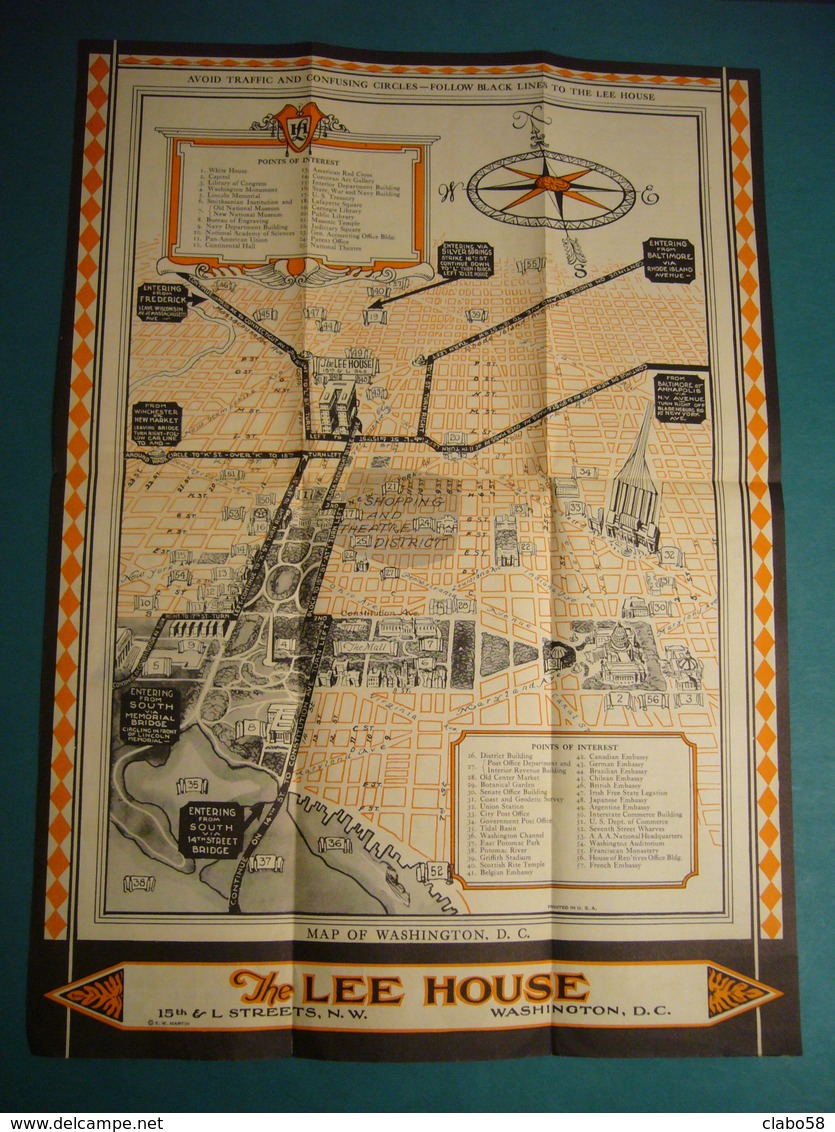 THE  LEE  HOUSE  WASHINGTON D.C.  MAP OF CITY INSIDE  ANNI '30 - Dépliants Turistici