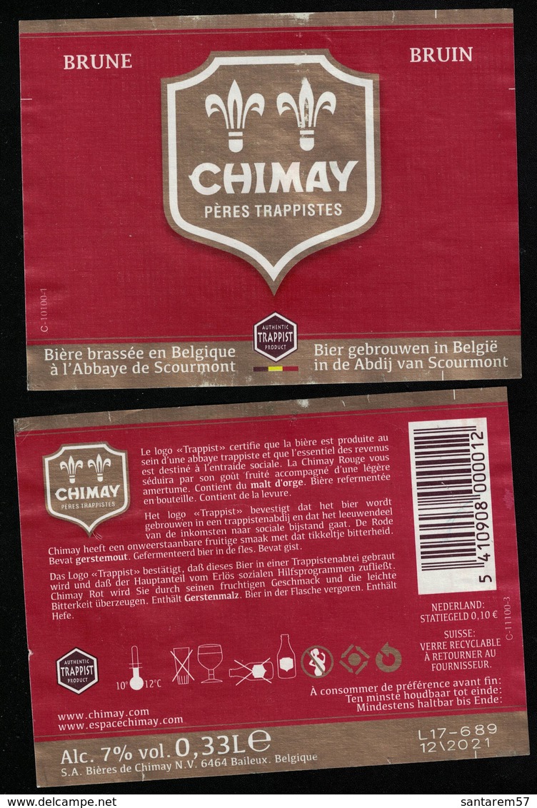 Belgique Lot 2 Étiquettes Bière Beer Labels Chimay Pères Trappistes Brune - Birra