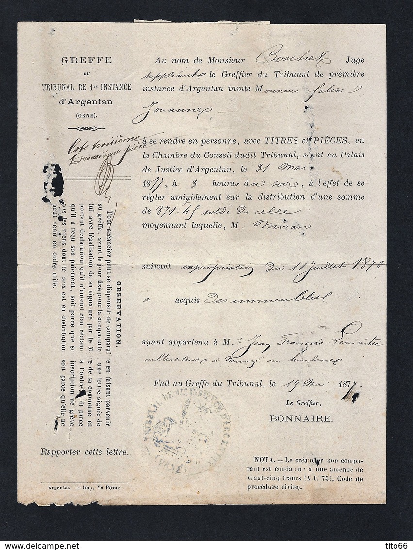 Sage Y/T 78 X 3 Sur Document Recommandé Tribunal D' Argentan TAD Du 22/05/1877 - 1877-1920: Période Semi Moderne