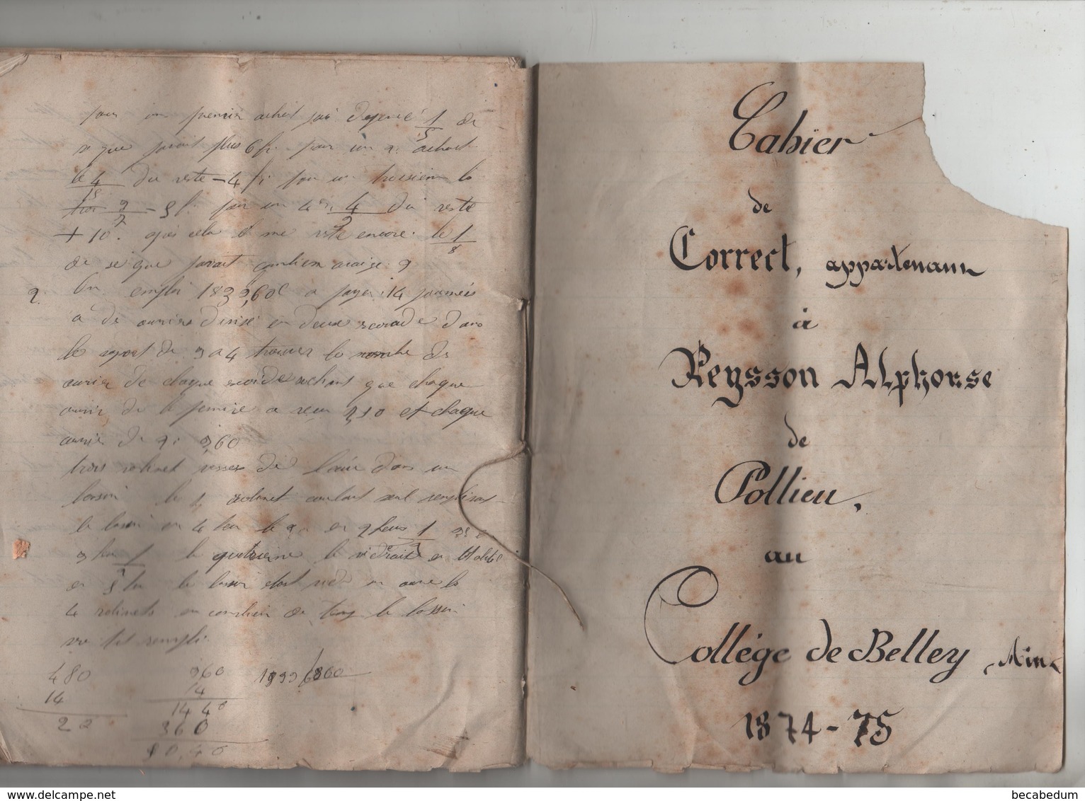 Cahier De Correct Peysson Pollieu Collège De Belley 1874 1875 - Manuskripte