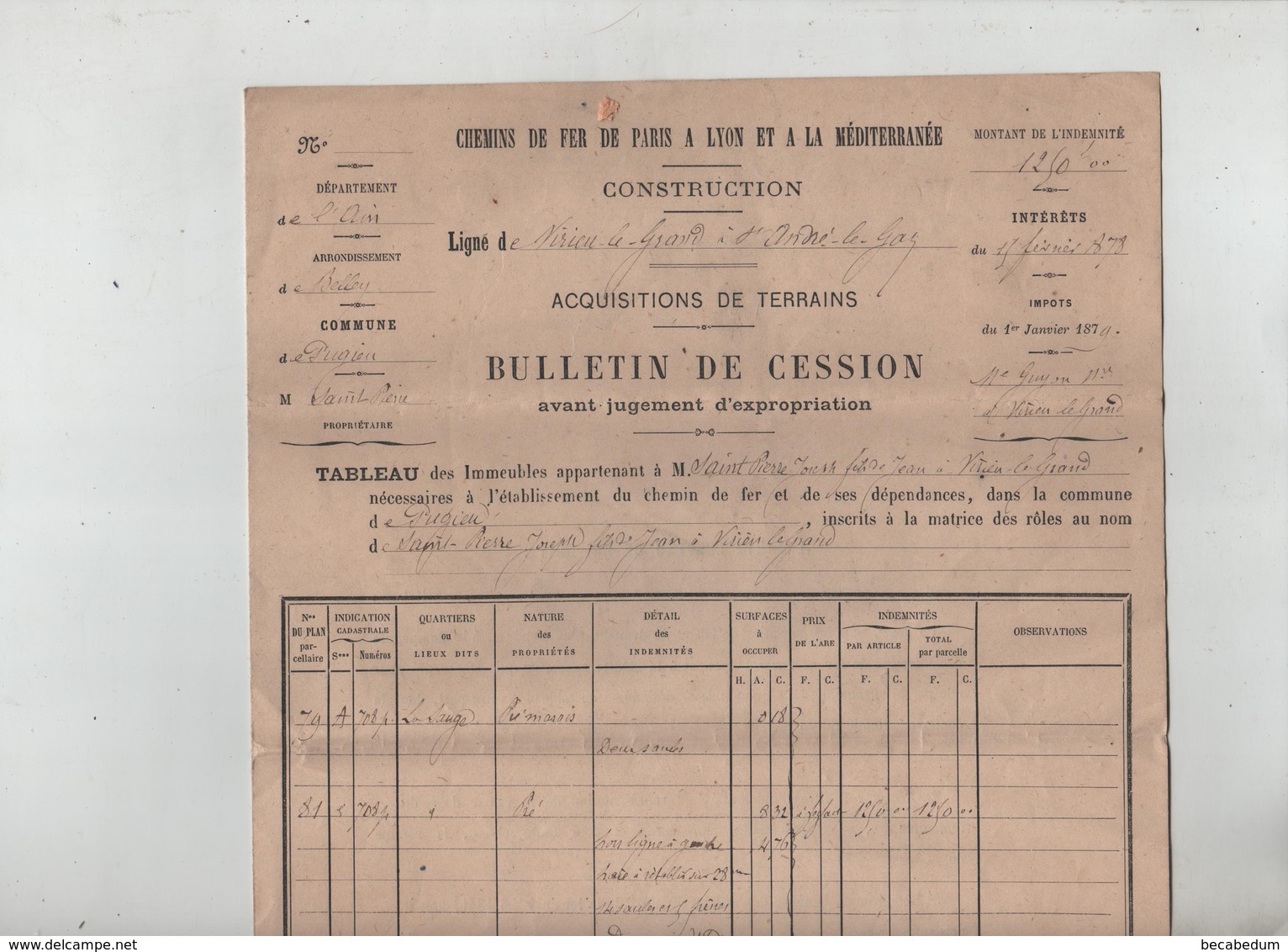 Bulletin De Cession PLM Virieu Le Grand à Saint André Le Gaz Pugieu Saint Pierre 1878 - Ohne Zuordnung