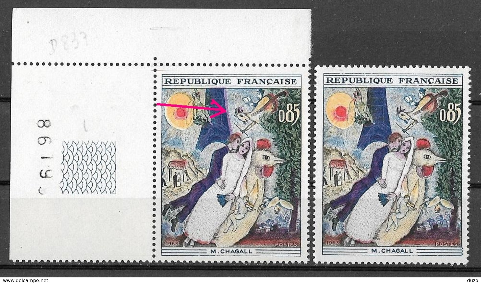 France 1963 - Variété - Chagall  Tour Eiffel Bordé De Violet + 1 Normal Y&T N° 1398 ** Neufs Luxe ( Voir Descriptif ) - Unused Stamps