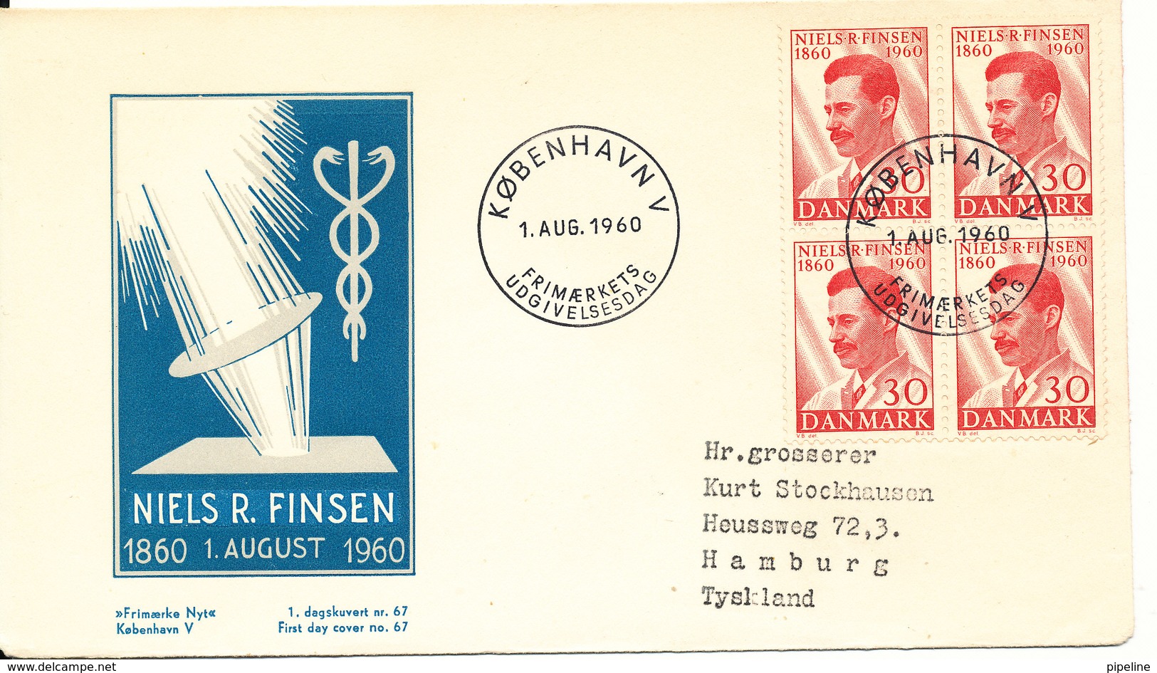 Denmark FDC 1-8-1960 Niels Finsen In Block Of 4 With Cachet - FDC